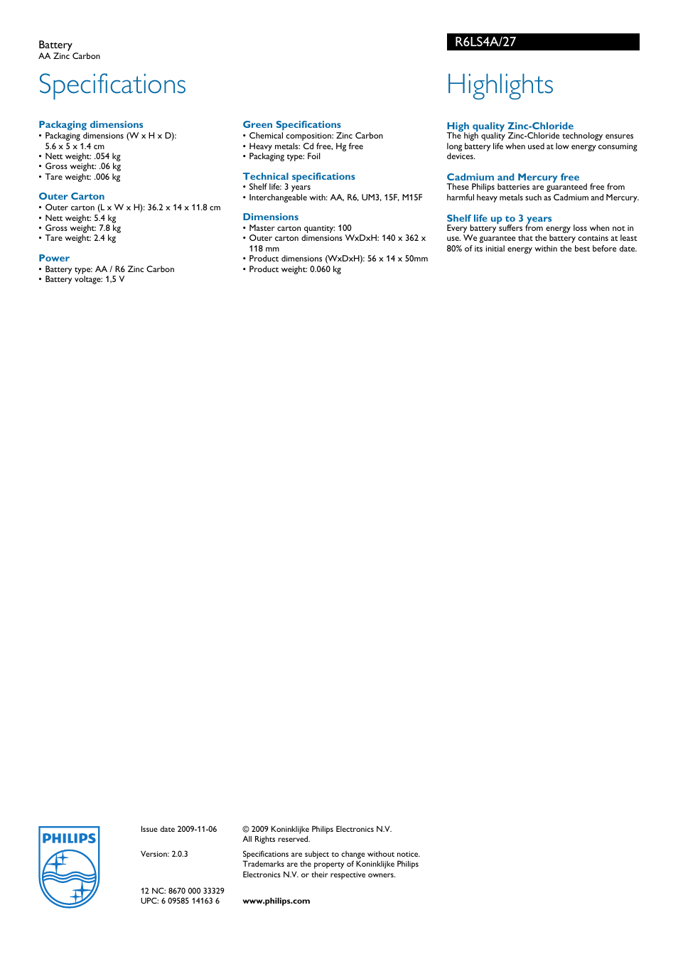 Specifications, Highlights, R6ls4a/27 | Philips R6LS4A User Manual | Page 2 / 2