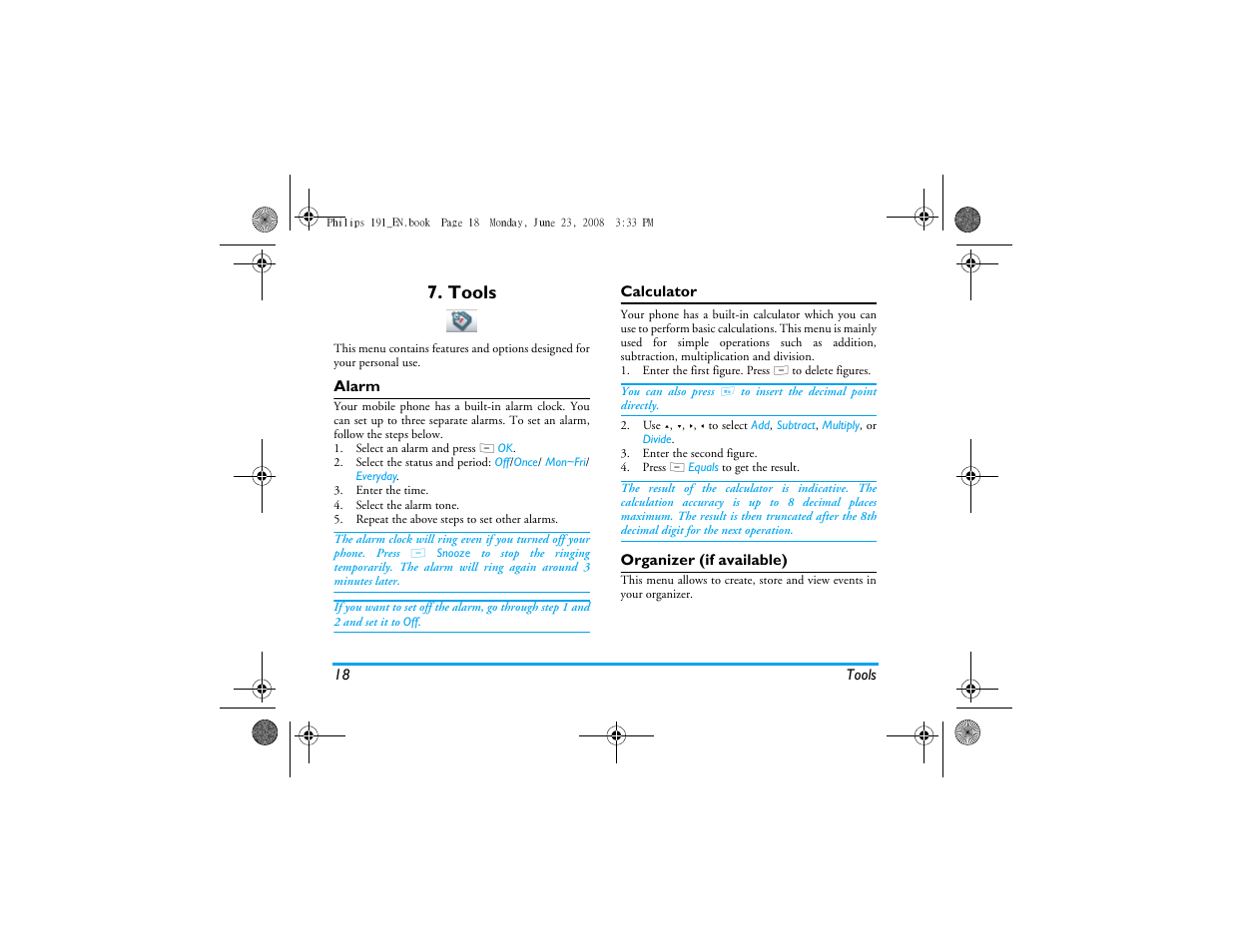 Tools, Alarm calculator organizer (if available) | Philips 191 User Manual | Page 19 / 39