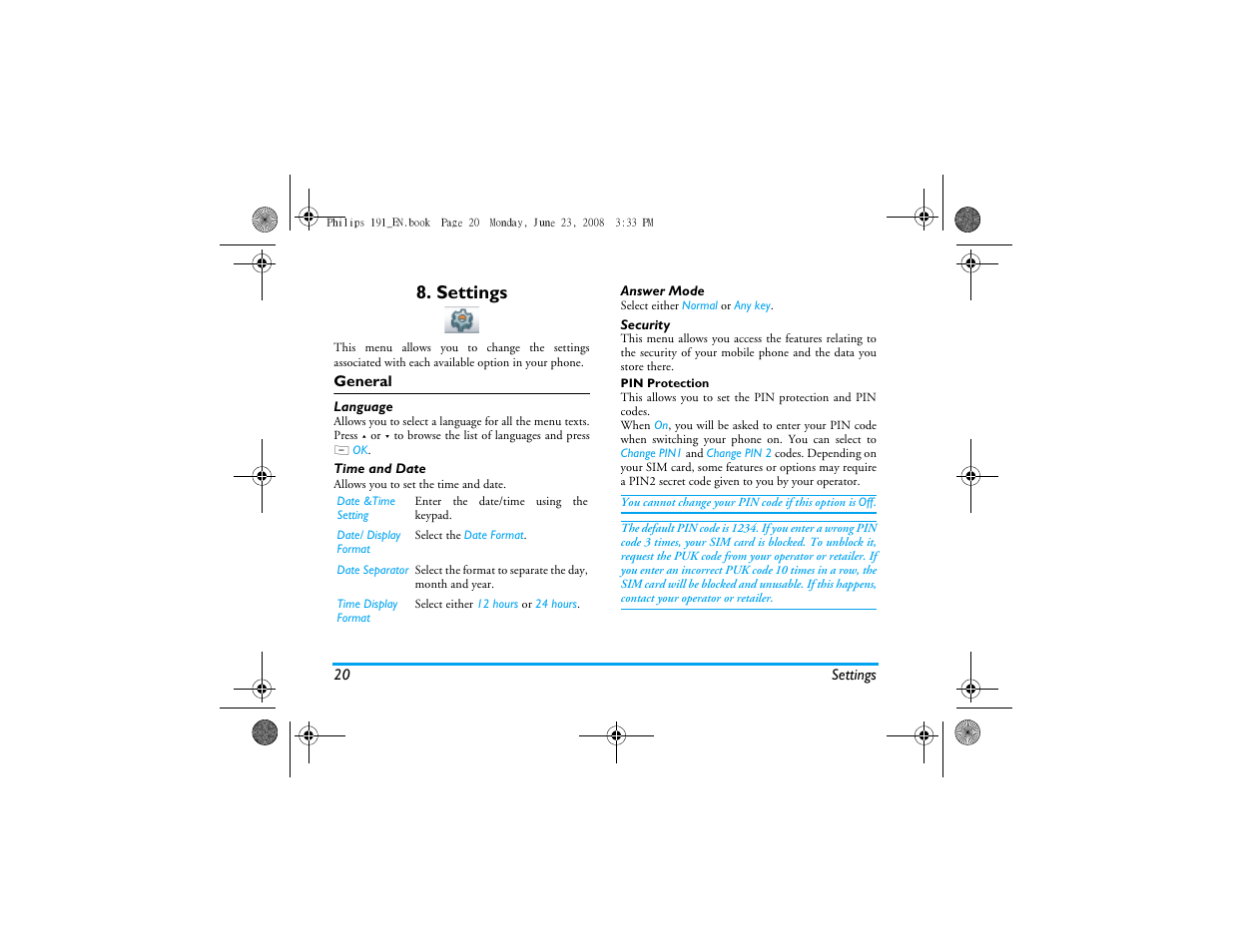 Settings, General | Philips 191 User Manual | Page 21 / 39