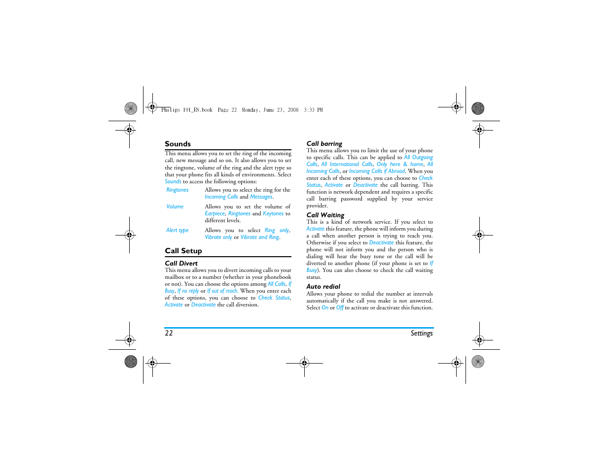 Sounds call setup | Philips 191 User Manual | Page 23 / 39