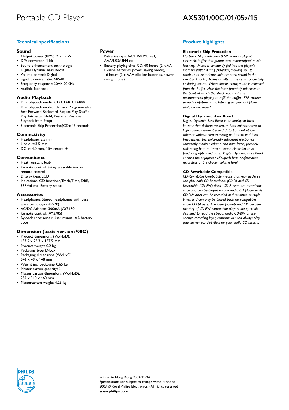 Portable cd player | Philips AX5301/05z User Manual | Page 2 / 2