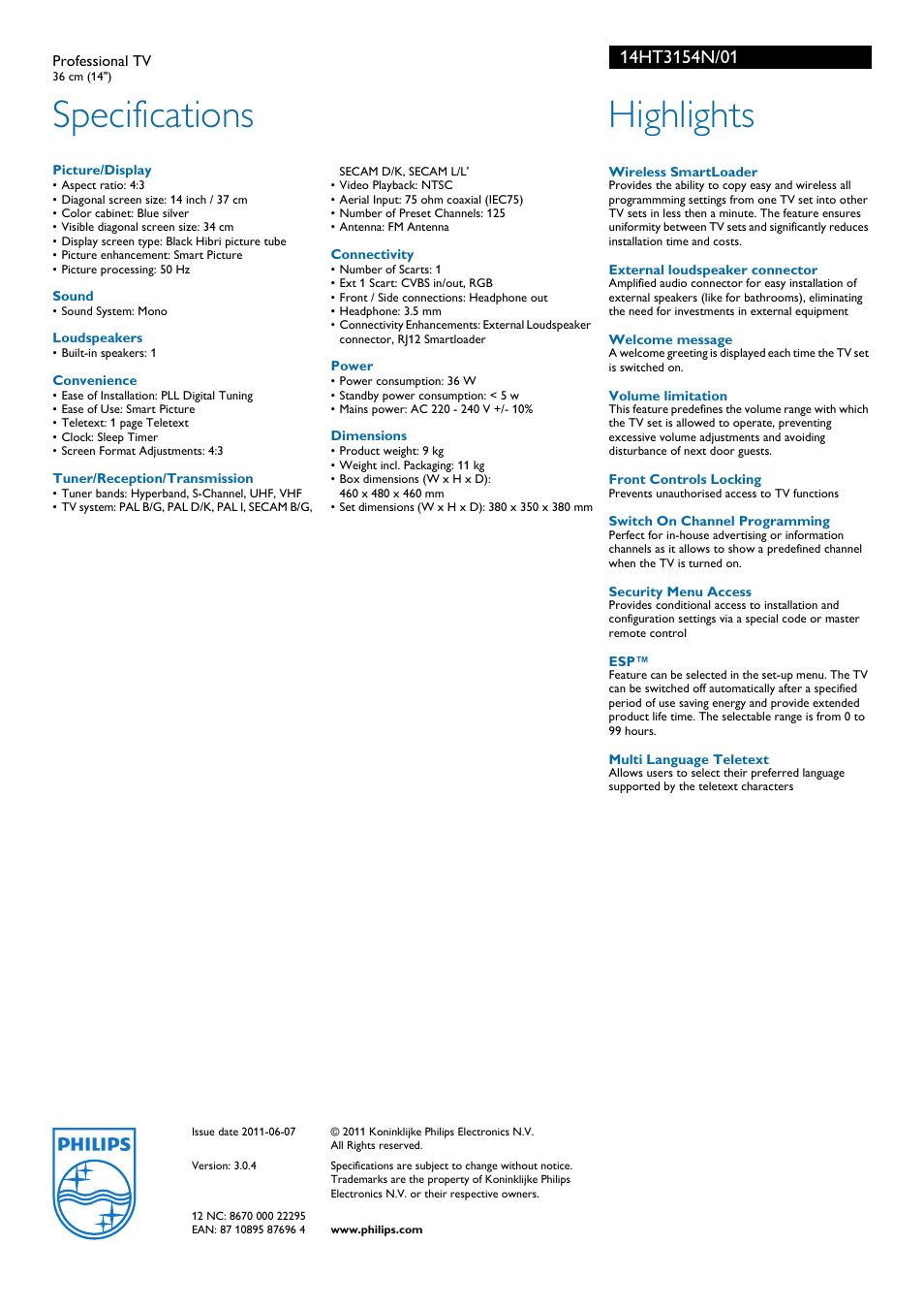 Specifications, Highlights | Philips 14HT3154N User Manual | Page 2 / 2