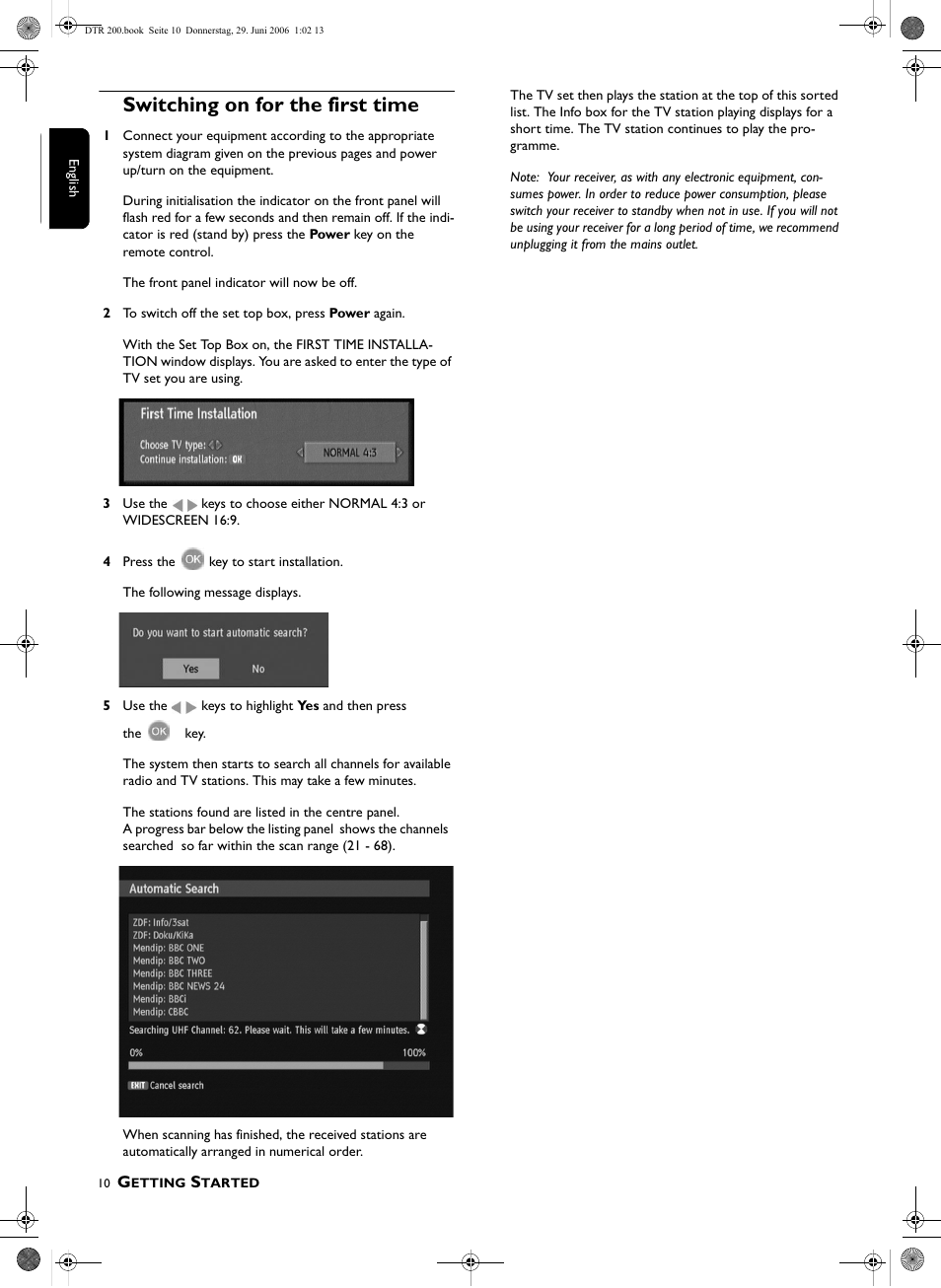 Switching on for the first time | Philips Digital Set Top Box DTR210 User Manual | Page 10 / 20