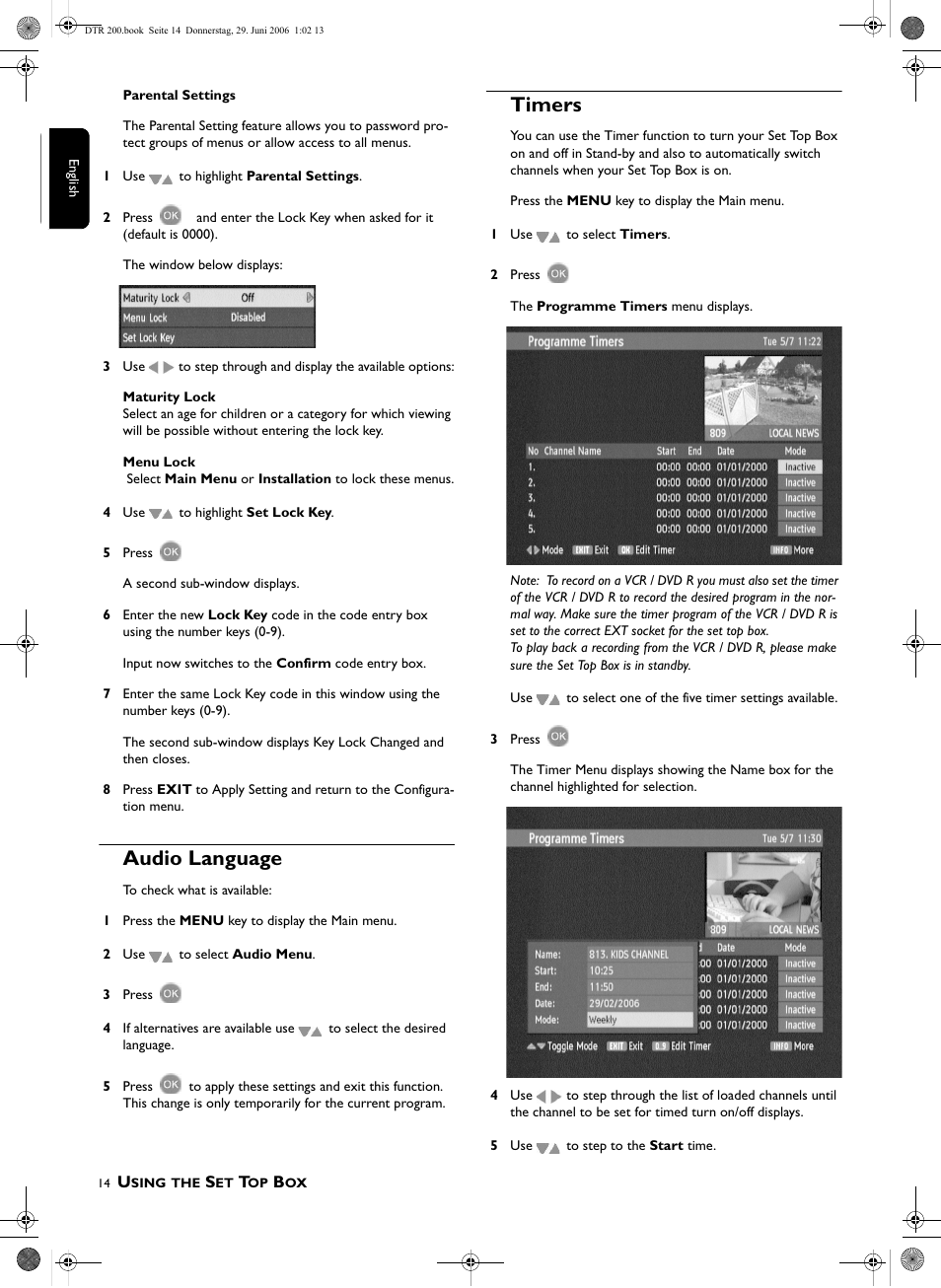 Audio language, Timers | Philips Digital Set Top Box DTR210 User Manual | Page 14 / 20