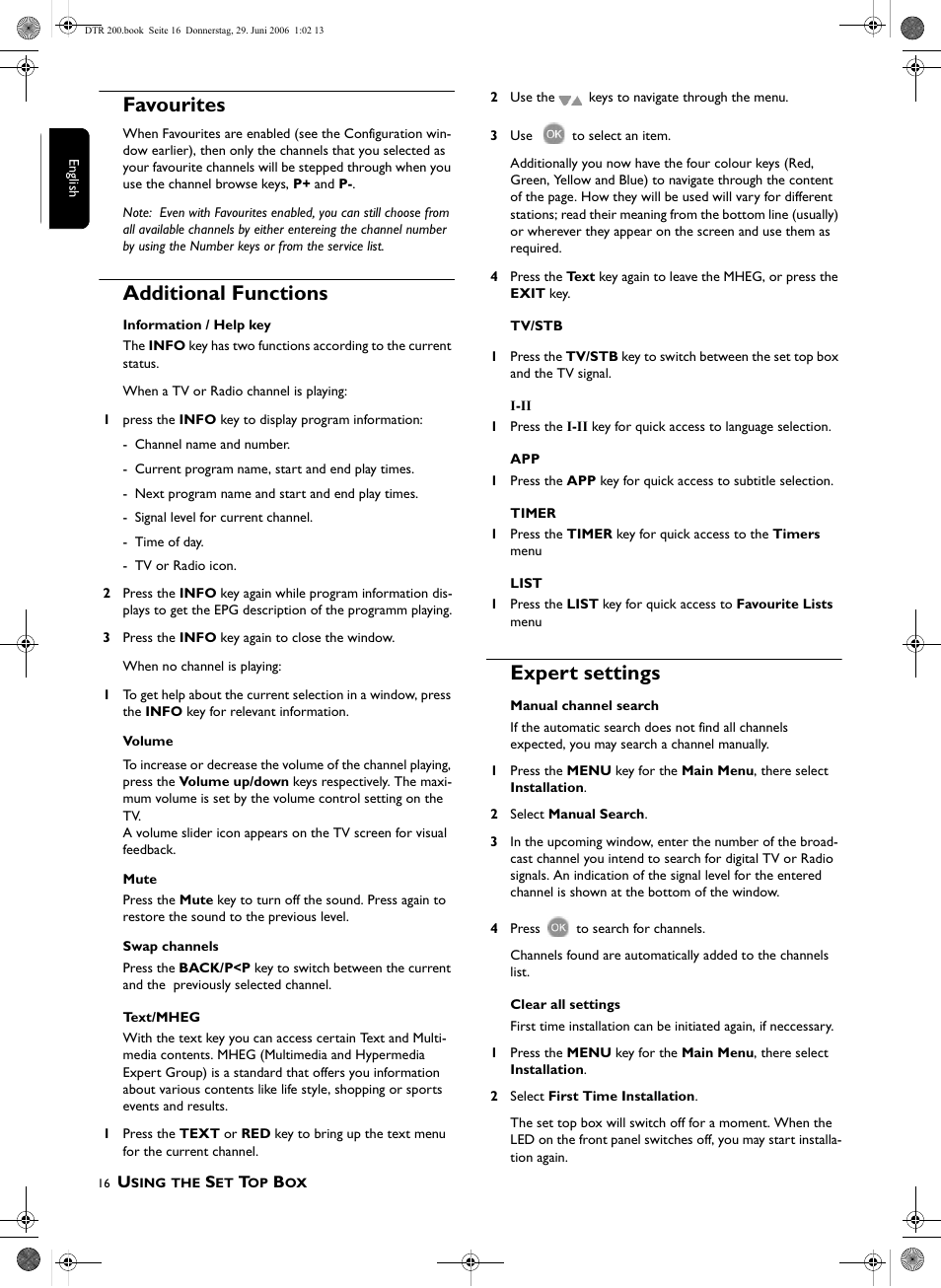 Favourites, Additional functions, Expert settings | Philips Digital Set Top Box DTR210 User Manual | Page 16 / 20