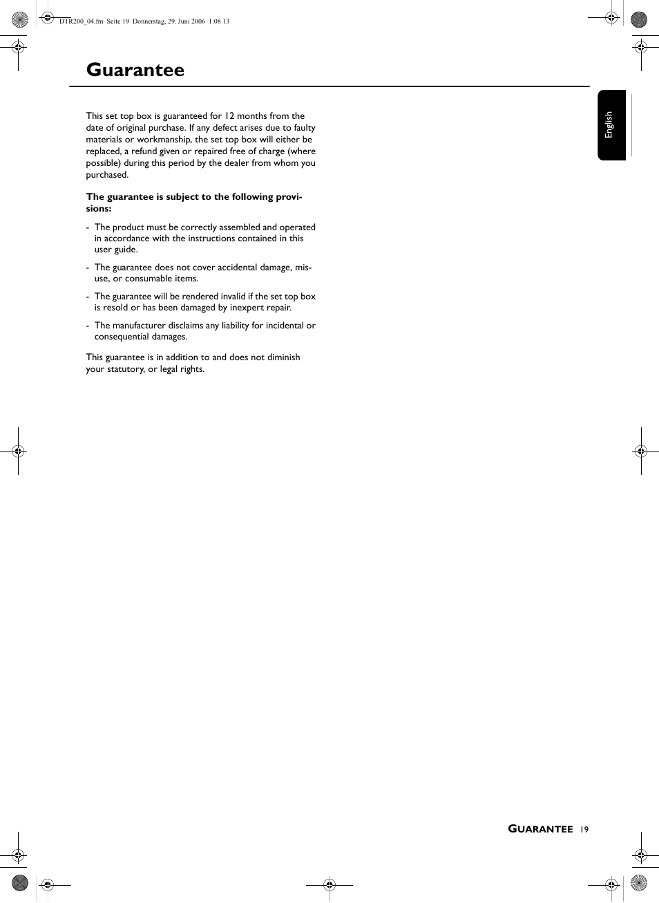 Guarantee | Philips Digital Set Top Box DTR210 User Manual | Page 19 / 20