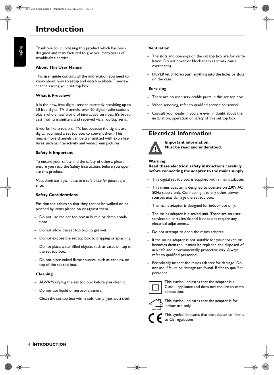 Introduction, Electrical information | Philips Digital Set Top Box DTR210 User Manual | Page 4 / 20