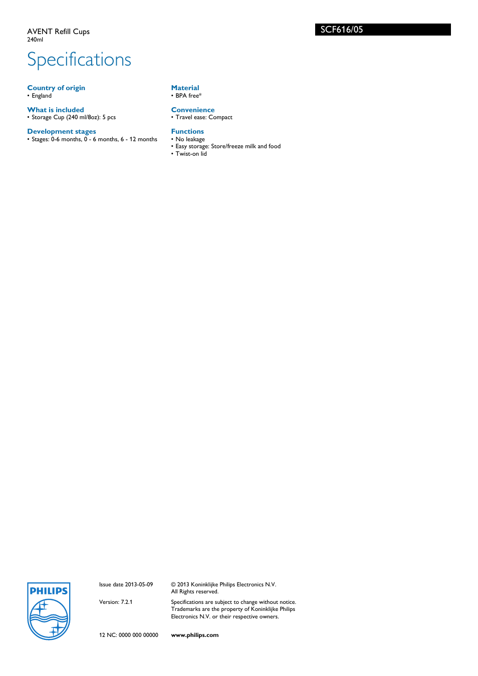 Specifications | Philips SCF616/05 User Manual | Page 2 / 2