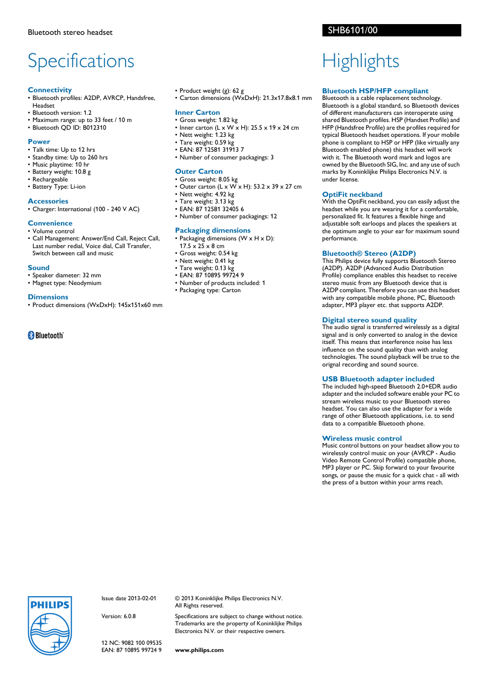 Specifications, Highlights | Philips SHB6101 User Manual | Page 2 / 2