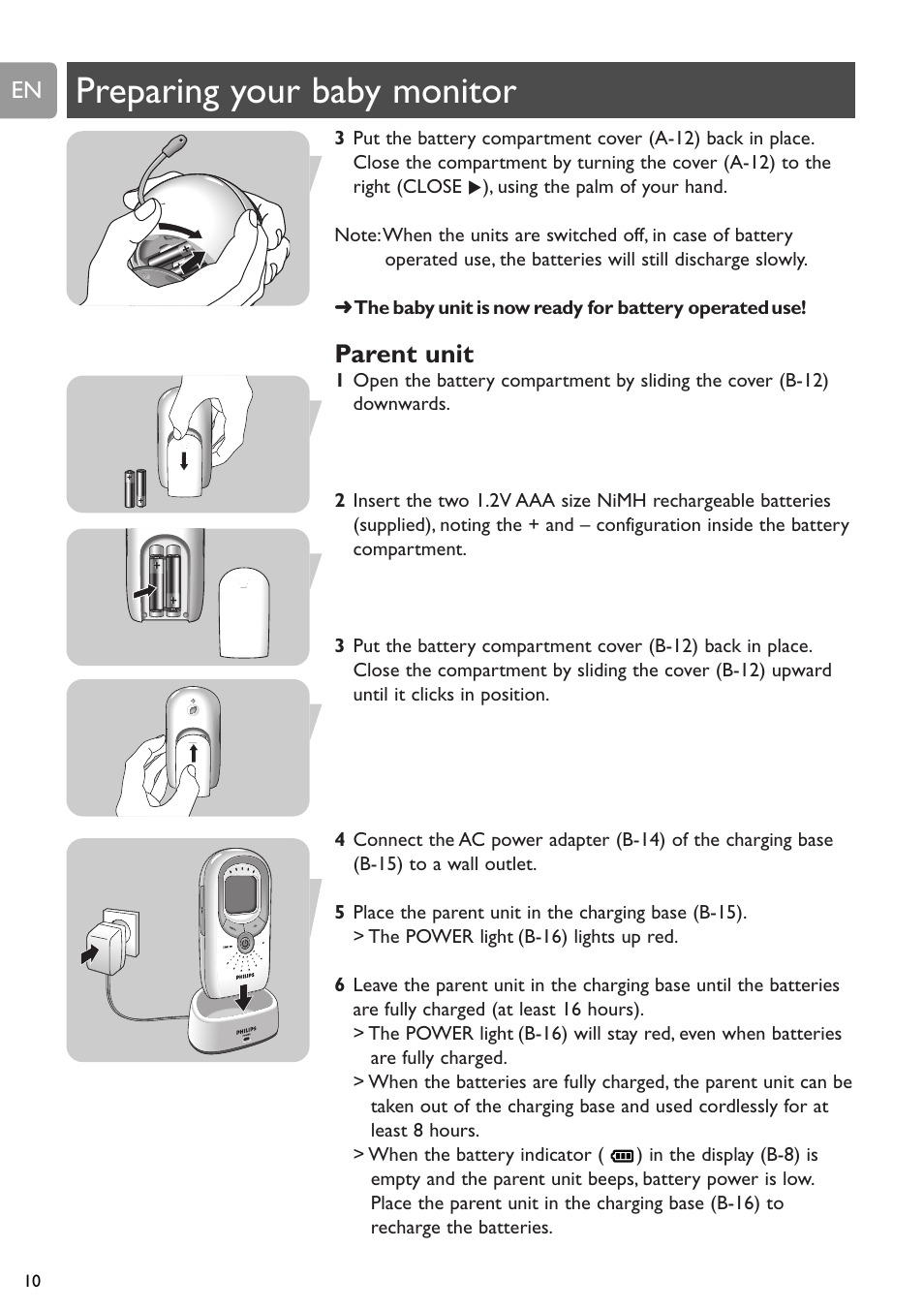 Preparing your baby monitor, Parent unit | Philips SCD589 User Manual | Page 10 / 76