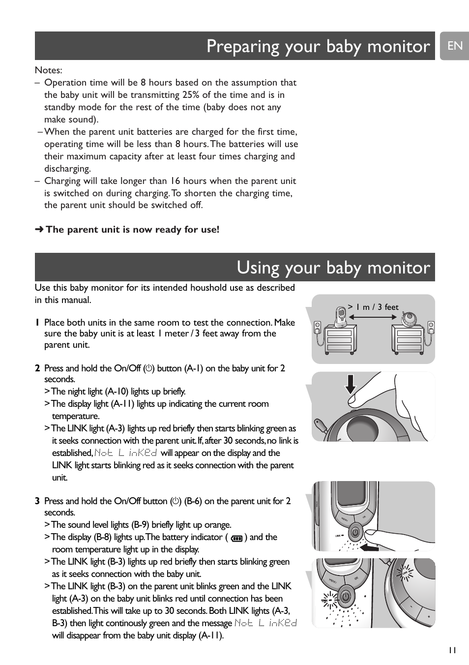 Preparing your baby monitor, Using your baby monitor | Philips SCD589 User Manual | Page 11 / 76