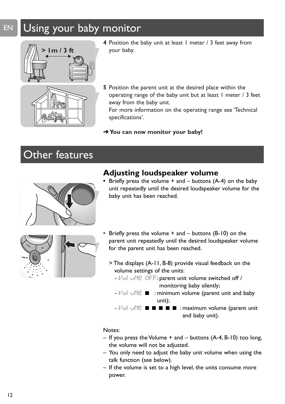 Using your baby monitor, Other features, Adjusting loudspeaker volume | Philips SCD589 User Manual | Page 12 / 76