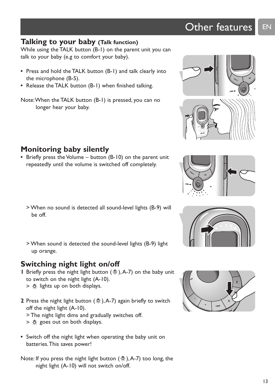 Other features, Talking to your baby, Monitoring baby silently | Switching night light on/off | Philips SCD589 User Manual | Page 13 / 76