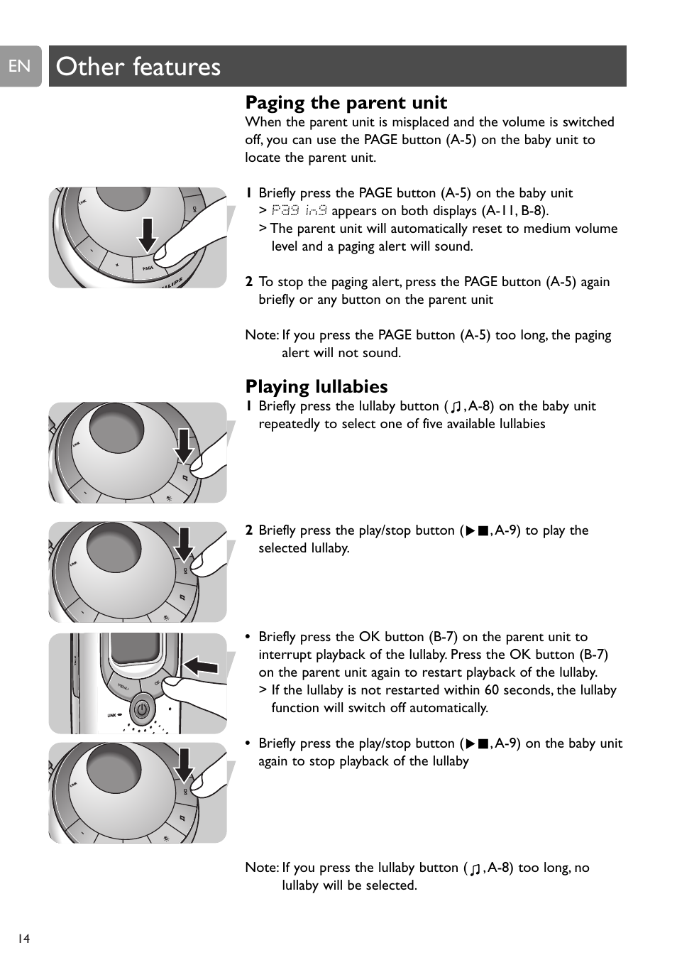 Other features, Paging the parent unit, Playing lullabies | Philips SCD589 User Manual | Page 14 / 76