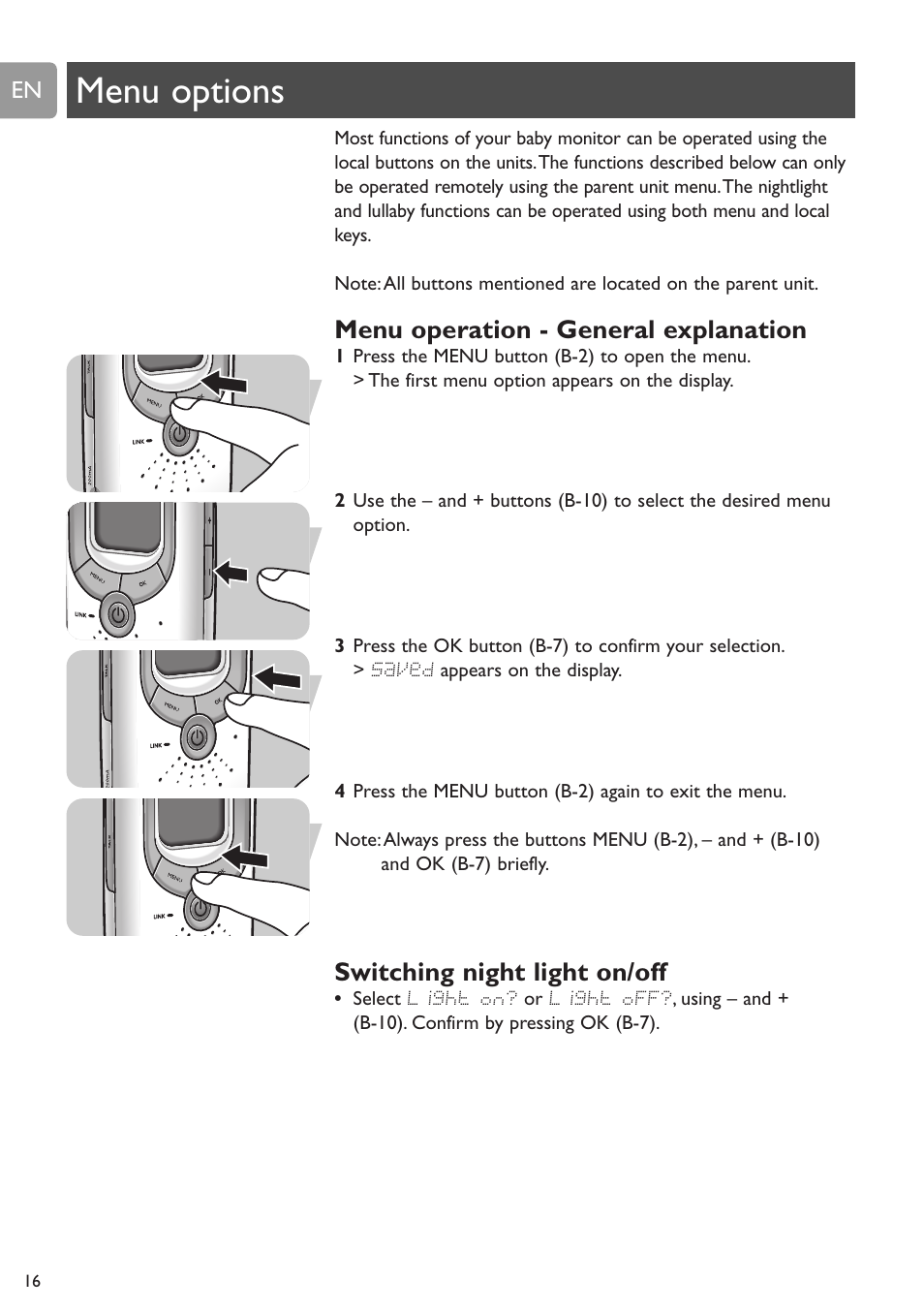 Menu options, Menu operation - general explanation, Switching night light on/off | Philips SCD589 User Manual | Page 16 / 76