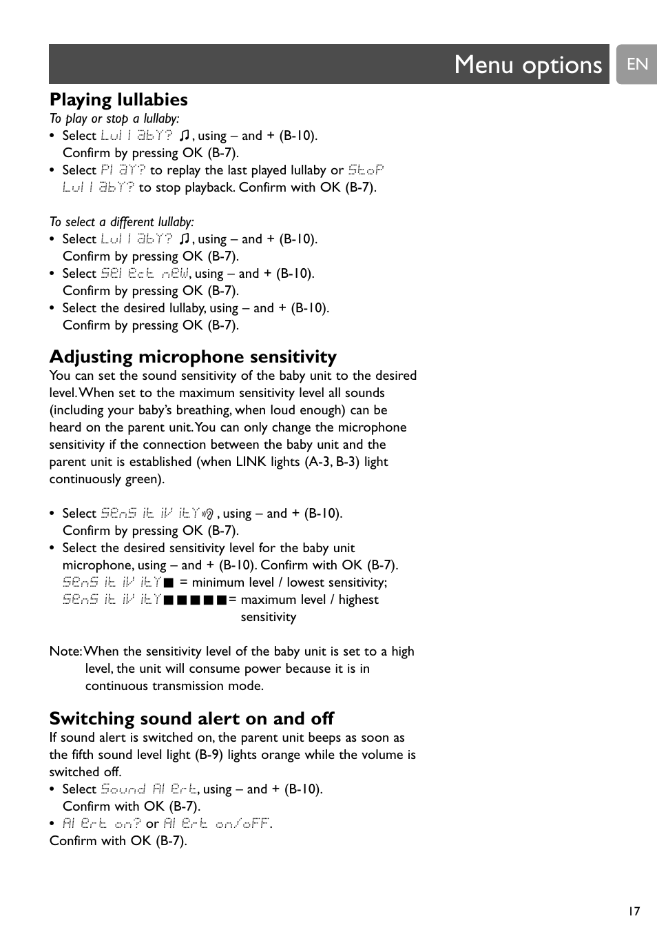 Menu options, Playing lullabies, Adjusting microphone sensitivity | Switching sound alert on and off | Philips SCD589 User Manual | Page 17 / 76