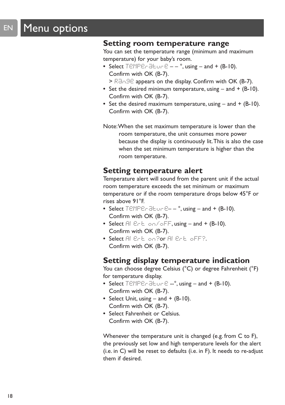 Menu options, Setting room temperature range, Setting temperature alert | Setting display temperature indication | Philips SCD589 User Manual | Page 18 / 76