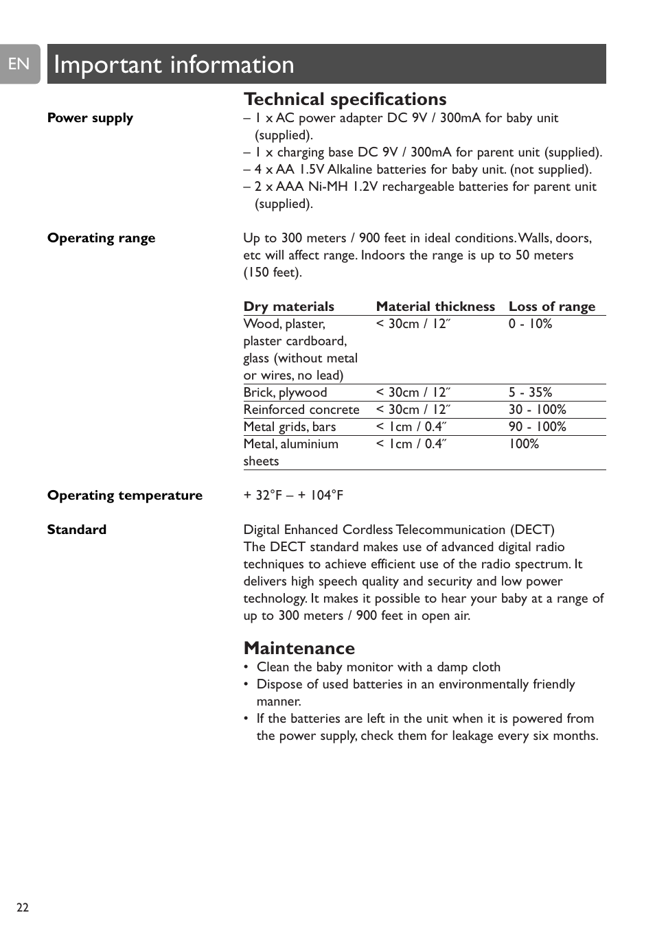 Important information, Technical specifications, Maintenance | Philips SCD589 User Manual | Page 22 / 76