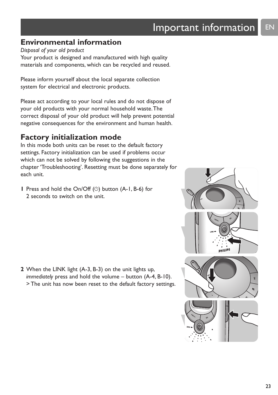 Important information, Environmental information, Factory initialization mode | Philips SCD589 User Manual | Page 23 / 76