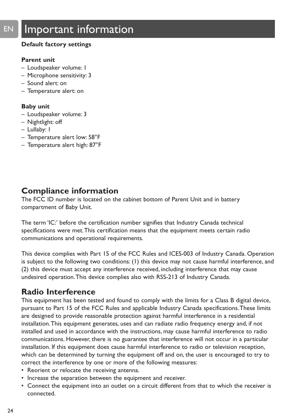 Important information, Compliance information, Radio interference | Philips SCD589 User Manual | Page 24 / 76