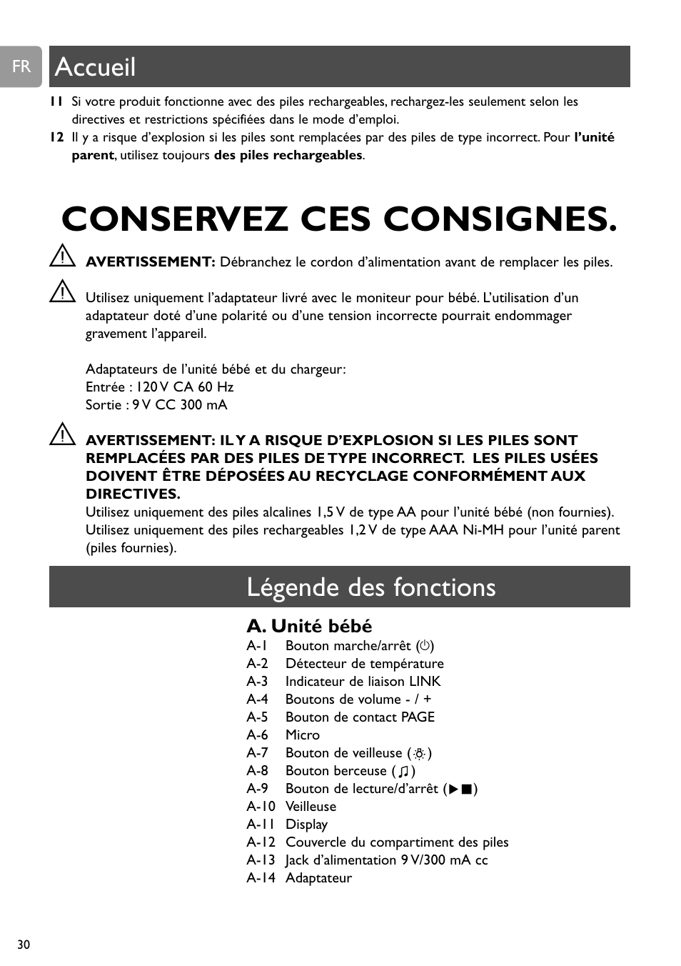 Conservez ces consignes, Chapter, Accueil légende des fonctions | Philips SCD589 User Manual | Page 30 / 76