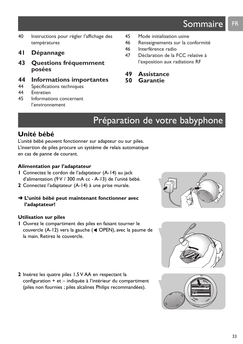 Sommaire, Préparation de votre babyphone, Unité bébé | Philips SCD589 User Manual | Page 33 / 76