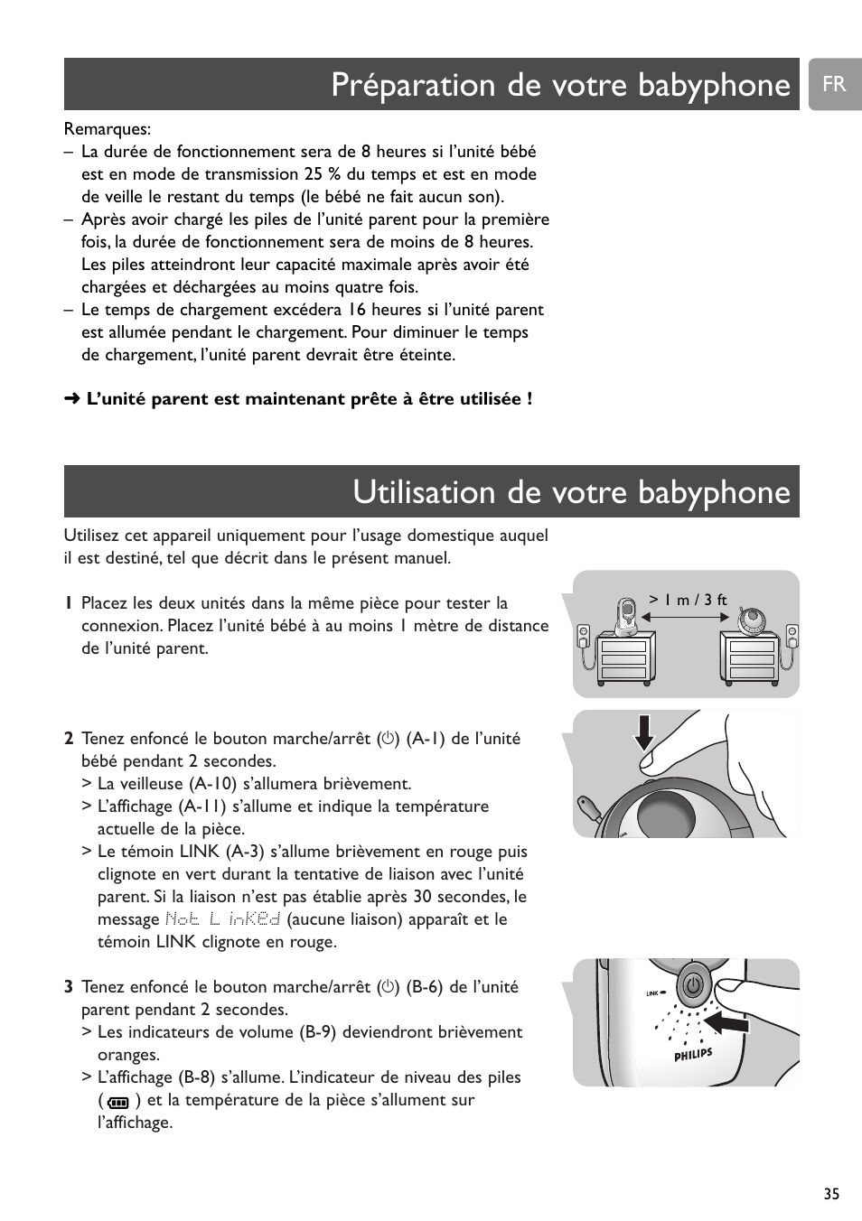 Utilisation de votre babyphone, Préparation de votre babyphone | Philips SCD589 User Manual | Page 35 / 76