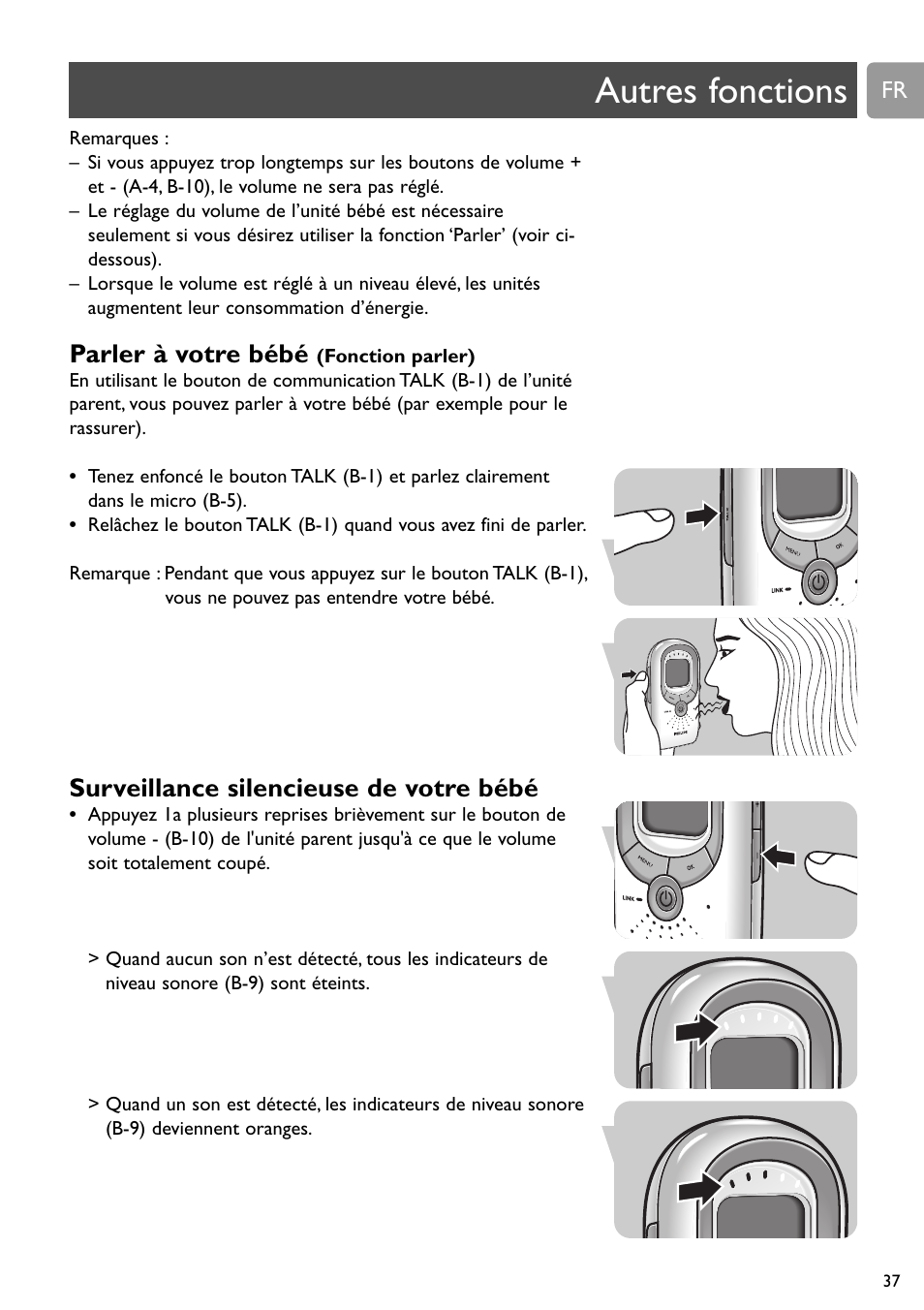 Chapter autres fonctions, Parler à votre bébé, Surveillance silencieuse de votre bébé | Philips SCD589 User Manual | Page 37 / 76