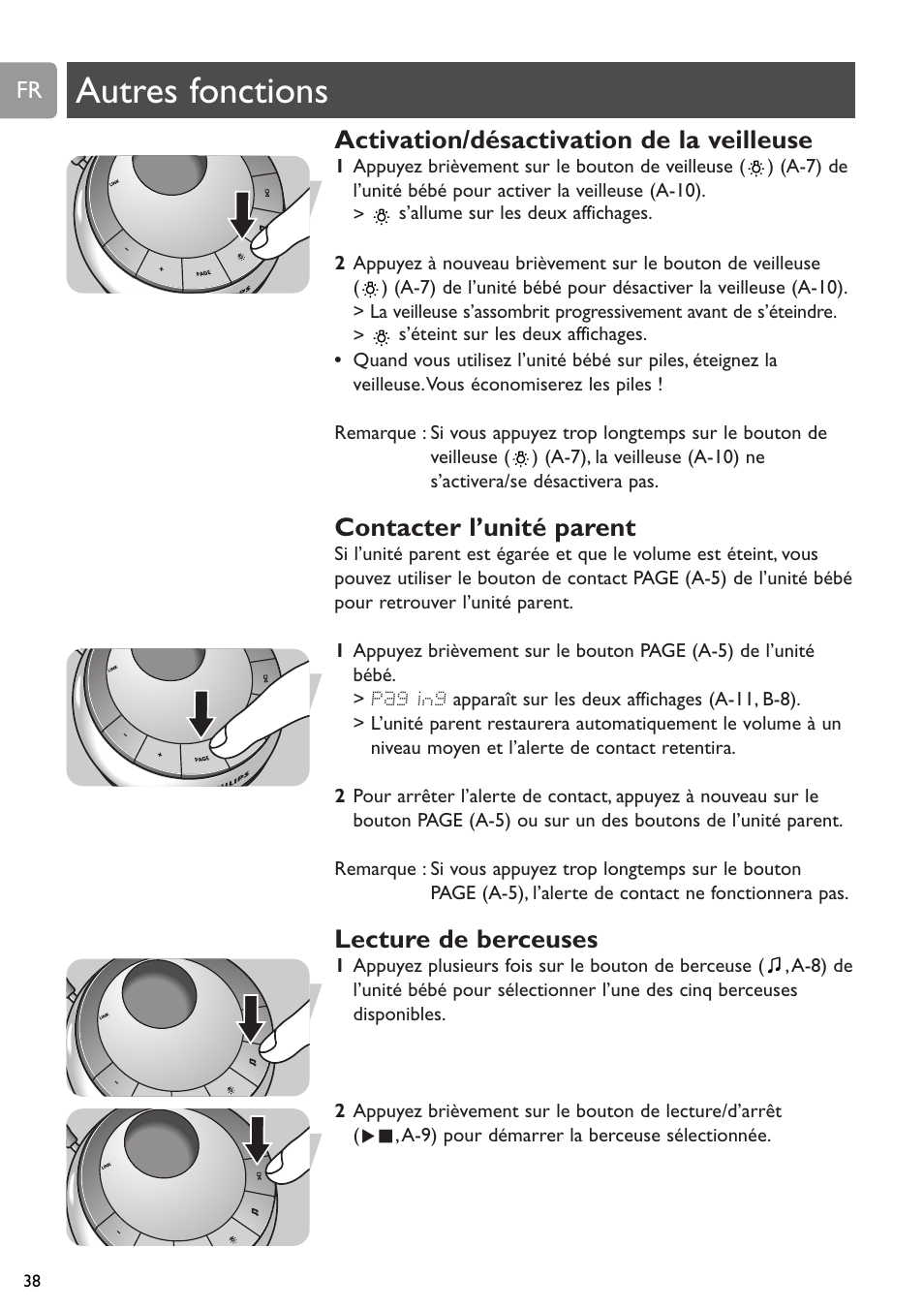 Chapter, Autres fonctions, Activation/désactivation de la veilleuse | Contacter l’unité parent, Lecture de berceuses | Philips SCD589 User Manual | Page 38 / 76