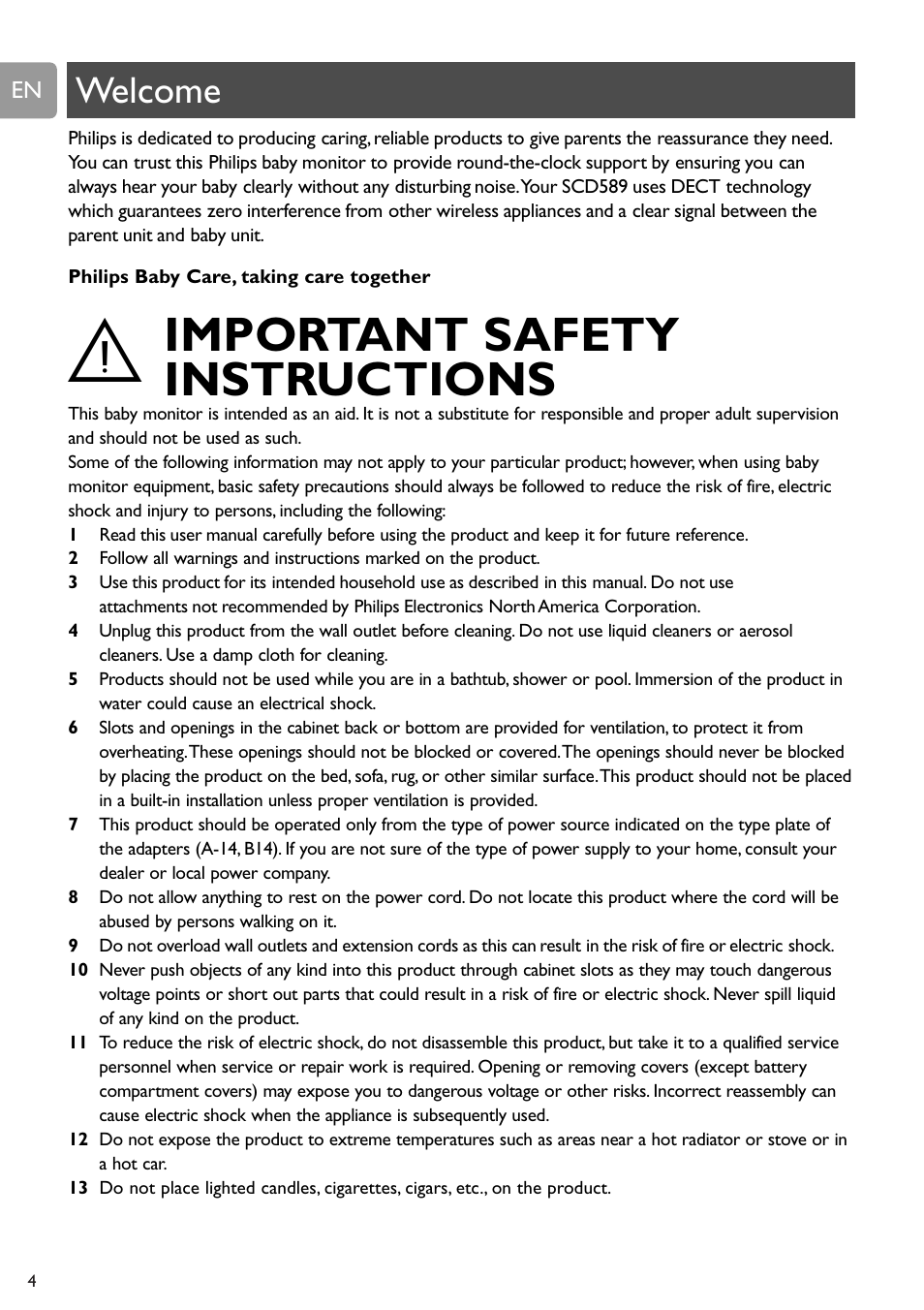 User manual, Important safety instructions, Welcome | Philips SCD589 User Manual | Page 4 / 76