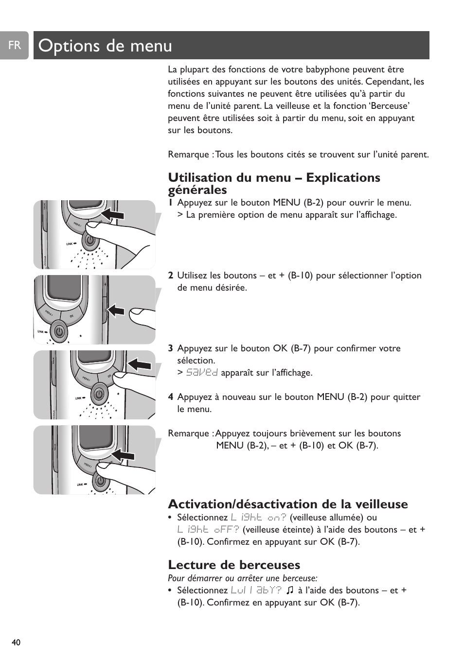 Chapter, Options de menu, Utilisation du menu – explications générales | Activation/désactivation de la veilleuse, Lecture de berceuses | Philips SCD589 User Manual | Page 40 / 76