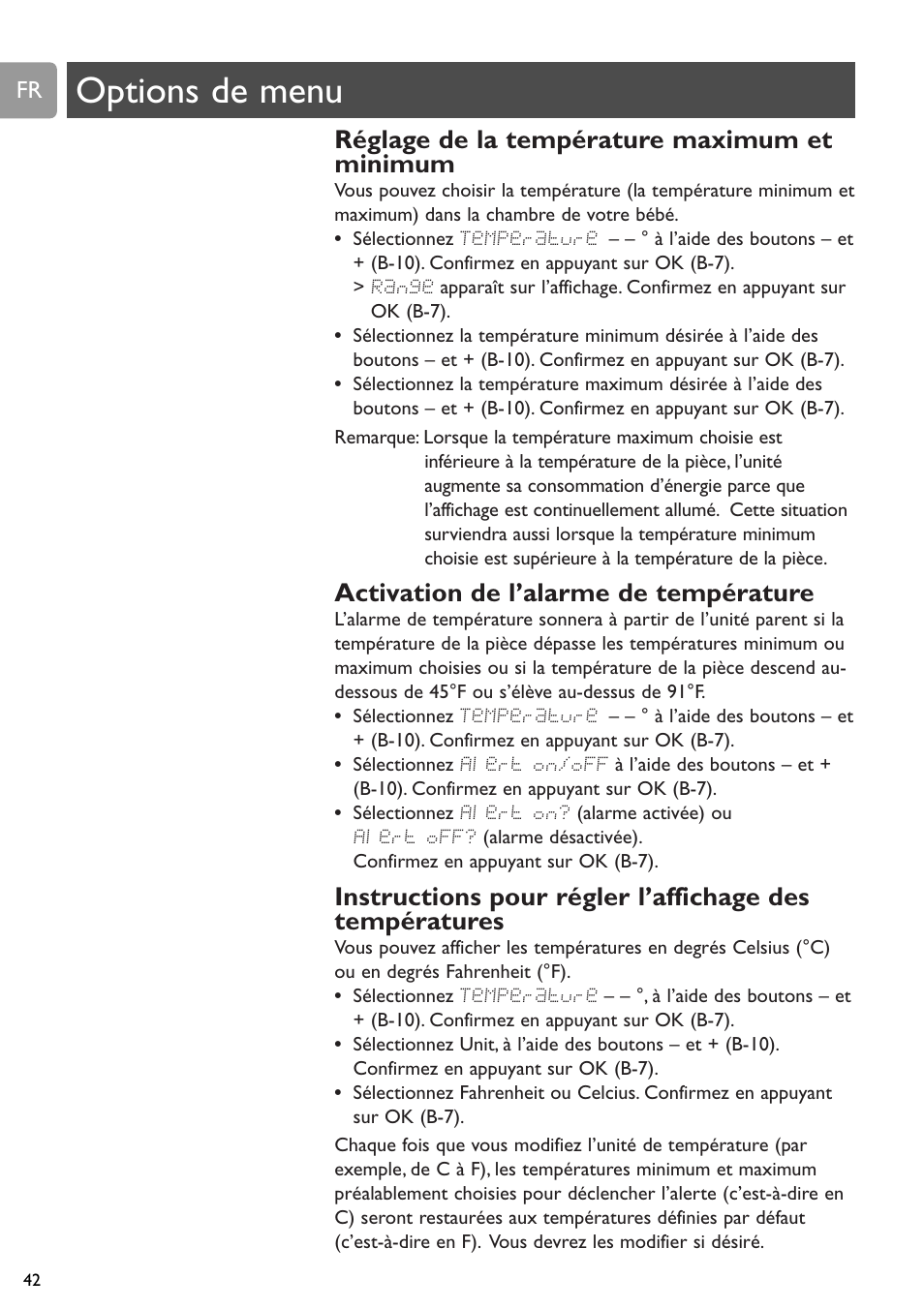 Chapter, Options de menu, Réglage de la température maximum et minimum | Activation de l’alarme de température | Philips SCD589 User Manual | Page 42 / 76