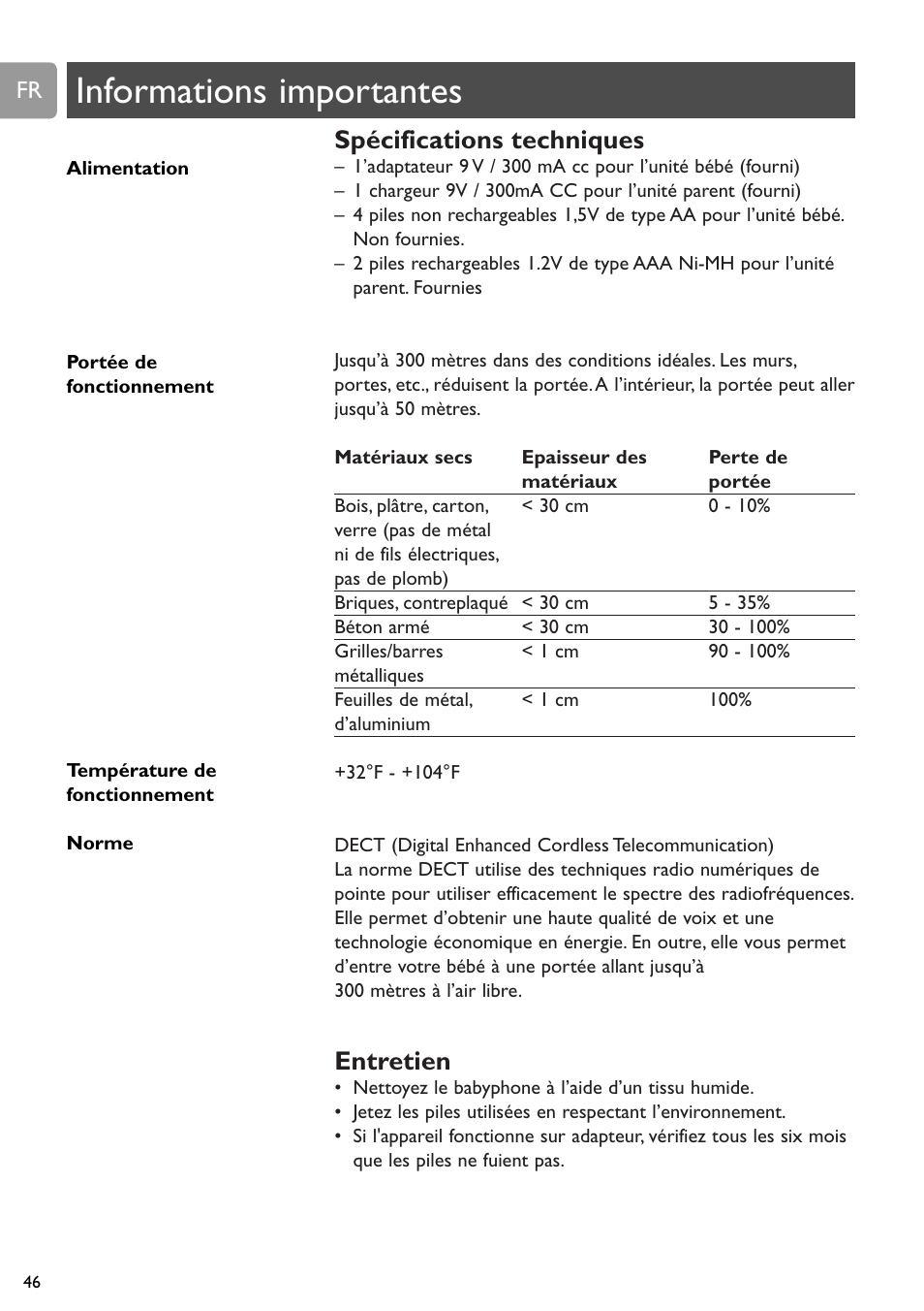 Chapter, Informations importantes, Spécifications techniques | Entretien | Philips SCD589 User Manual | Page 46 / 76