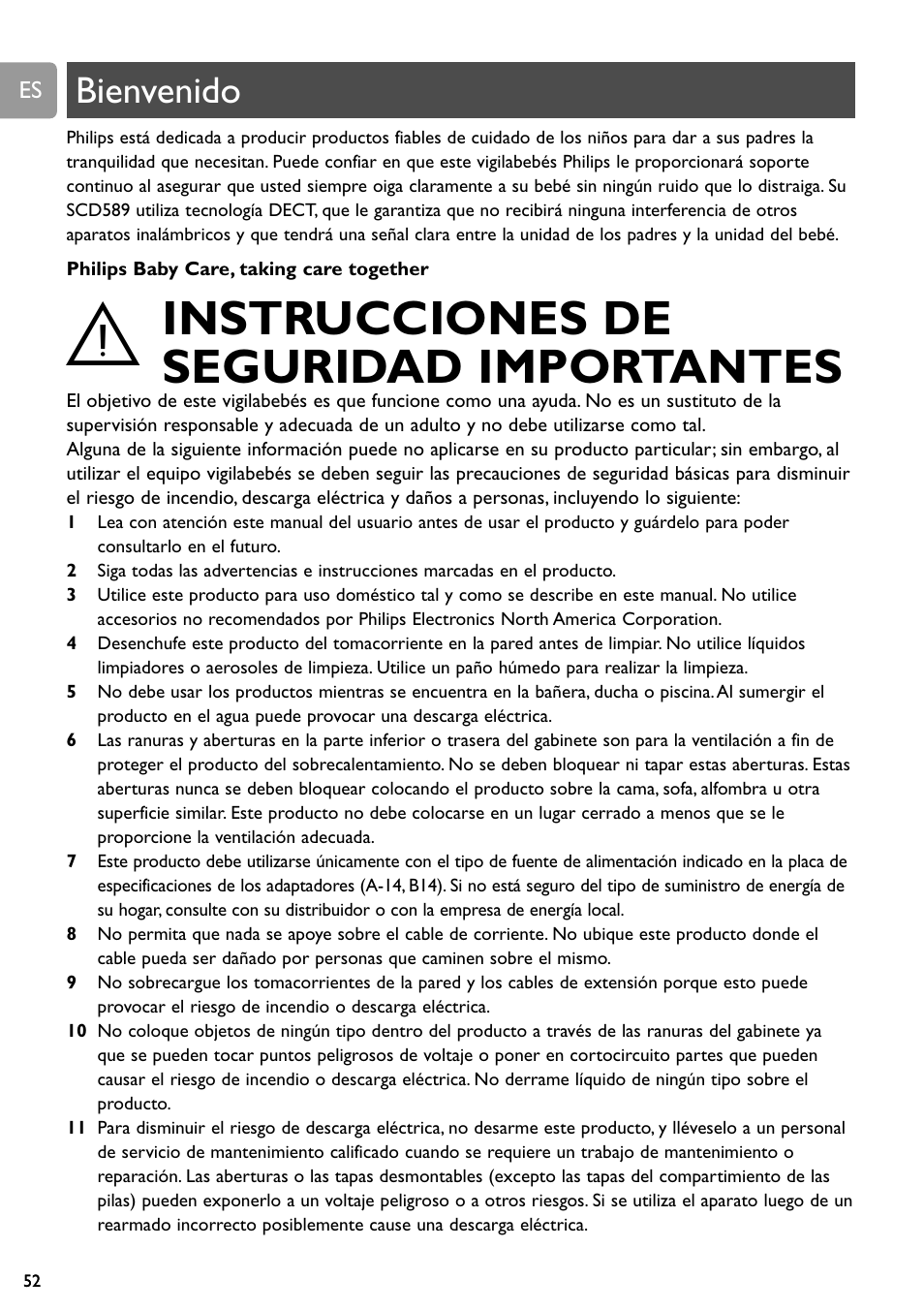 Instrucciones de manejo 52, Instrucciones de seguridad importantes, Chapter | Bienvenido | Philips SCD589 User Manual | Page 52 / 76