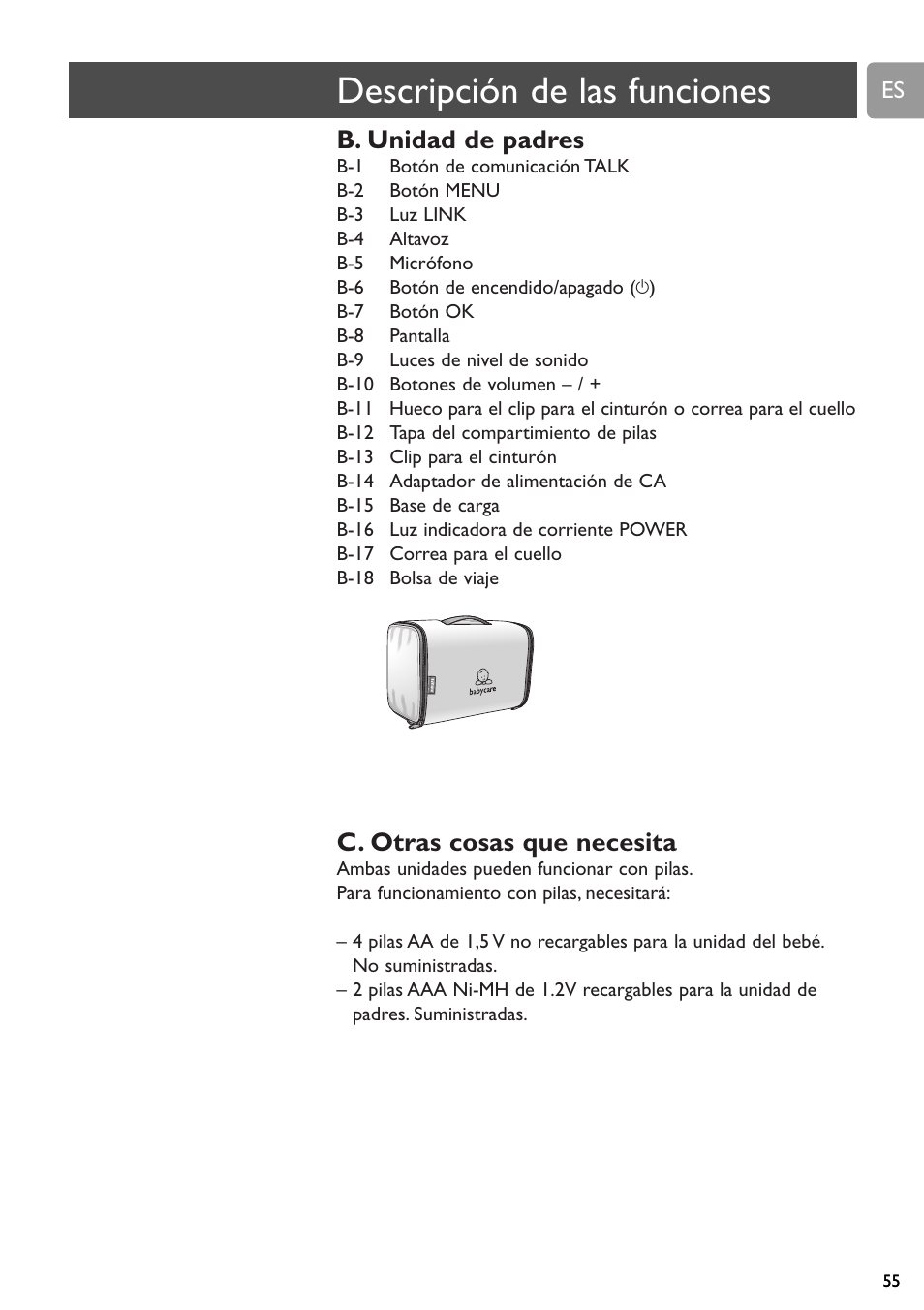 Descripción de las funciones, B. unidad de padres, C. otras cosas que necesita | Philips SCD589 User Manual | Page 55 / 76