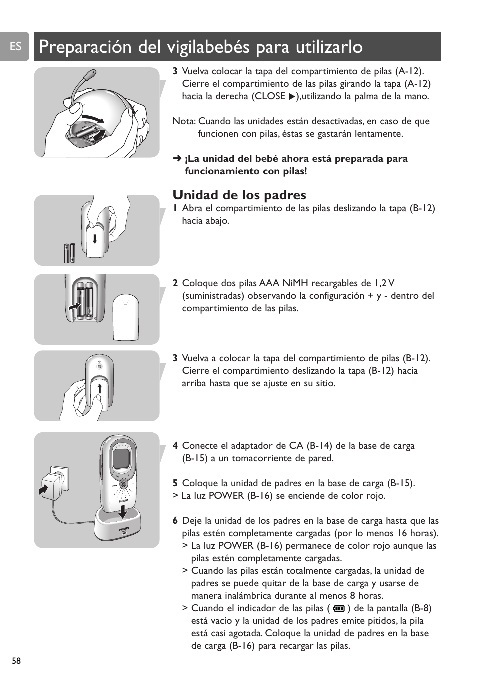 Preparación del vigilabebés para utilizarlo, Unidad de los padres | Philips SCD589 User Manual | Page 58 / 76