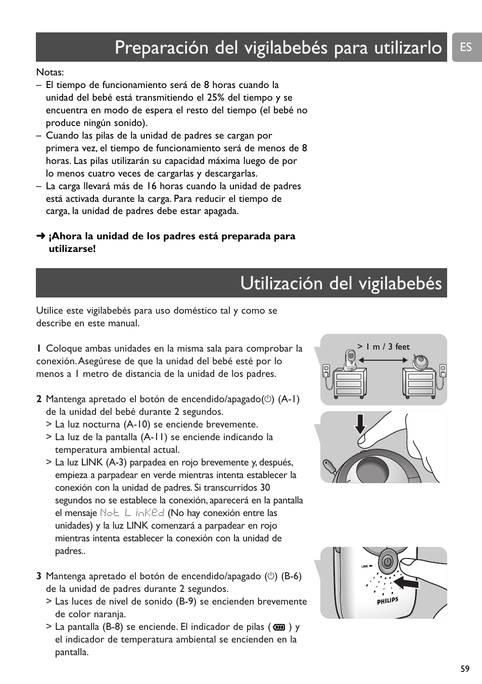 Utilización del vigilabebés, Preparación del vigilabebés para utilizarlo | Philips SCD589 User Manual | Page 59 / 76