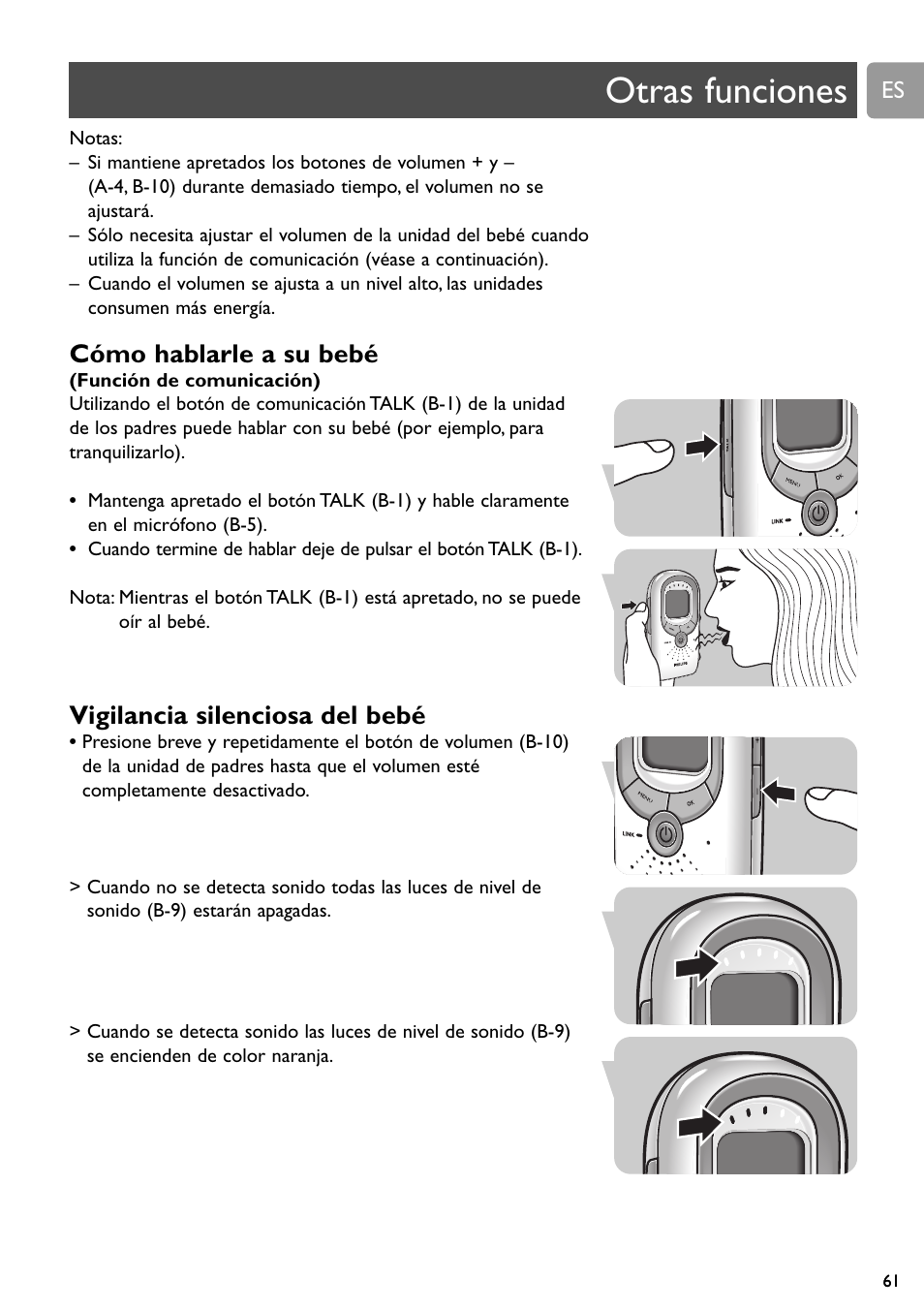 Otras funciones, Cómo hablarle a su bebé, Vigilancia silenciosa del bebé | Philips SCD589 User Manual | Page 61 / 76