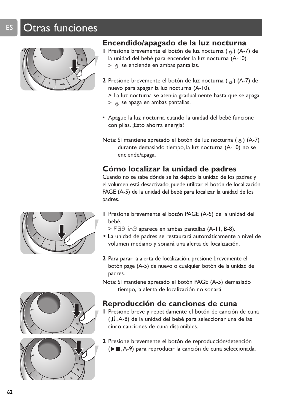 Otras funciones, Encendido/apagado de la luz nocturna, Cómo localizar la unidad de padres | Reproducción de canciones de cuna | Philips SCD589 User Manual | Page 62 / 76