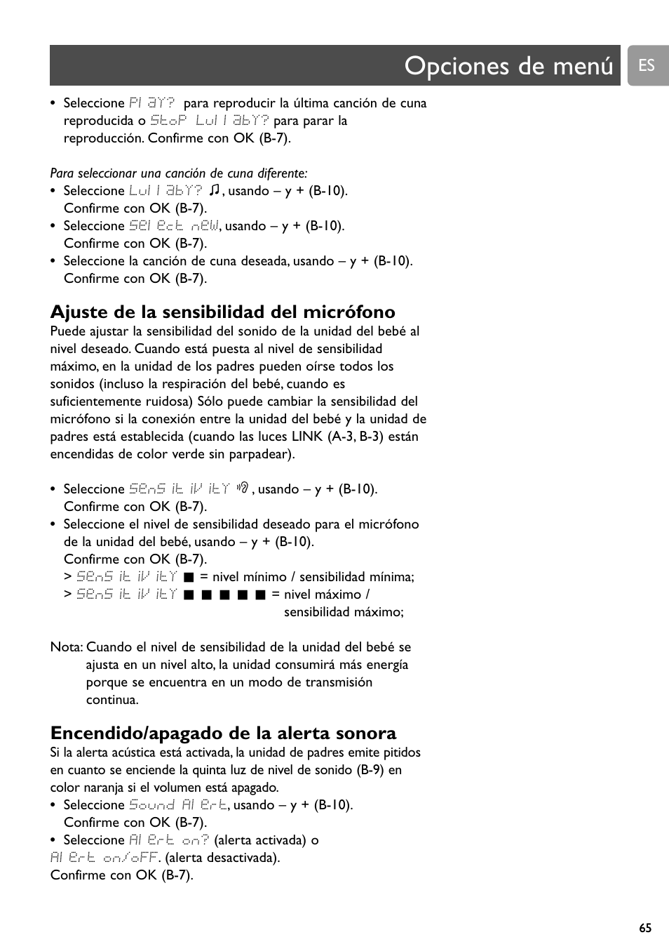 Opciones de menú, Ajuste de la sensibilidad del micrófono, Encendido/apagado de la alerta sonora | Philips SCD589 User Manual | Page 65 / 76