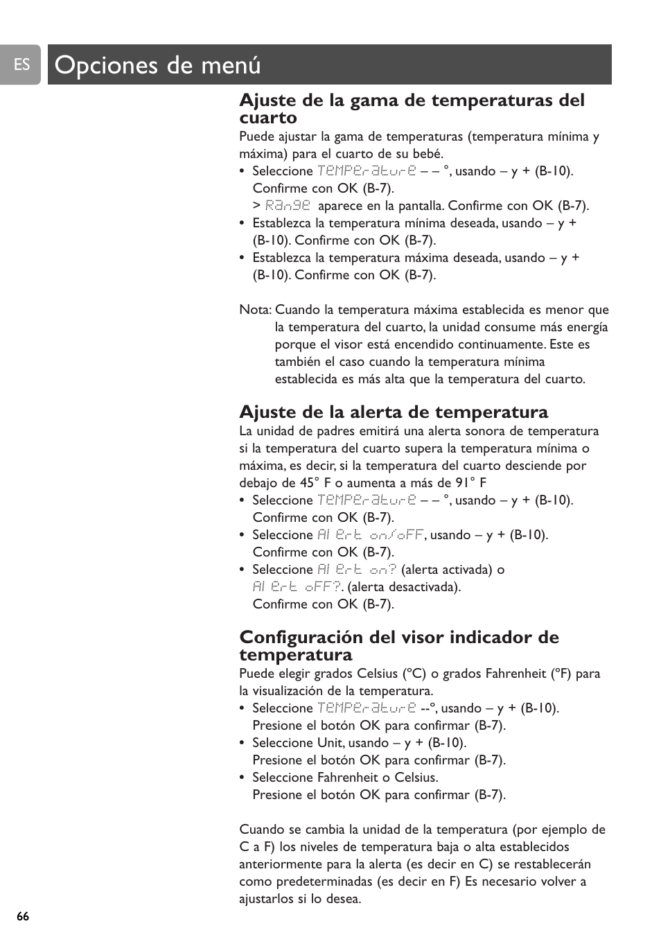 Opciones de menú, Ajuste de la gama de temperaturas del cuarto, Ajuste de la alerta de temperatura | Configuración del visor indicador de temperatura | Philips SCD589 User Manual | Page 66 / 76