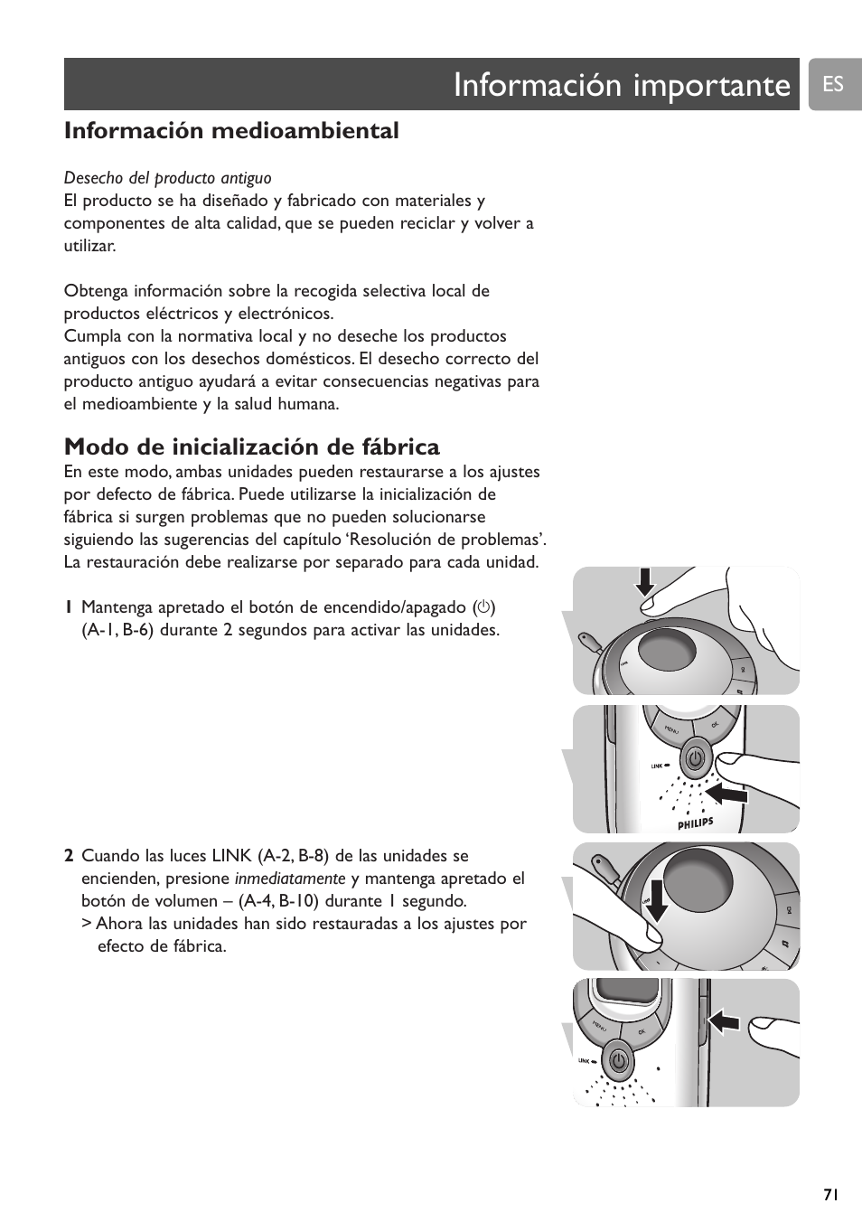 Información importante, Información medioambiental, Modo de inicialización de fábrica | Philips SCD589 User Manual | Page 71 / 76