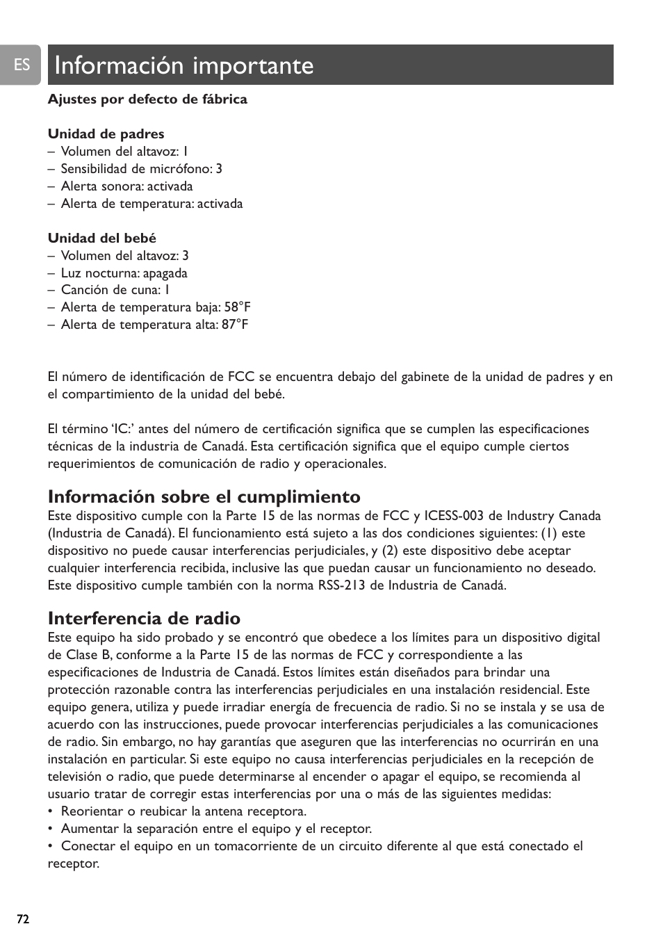 Información importante, Información sobre el cumplimiento, Interferencia de radio | Philips SCD589 User Manual | Page 72 / 76