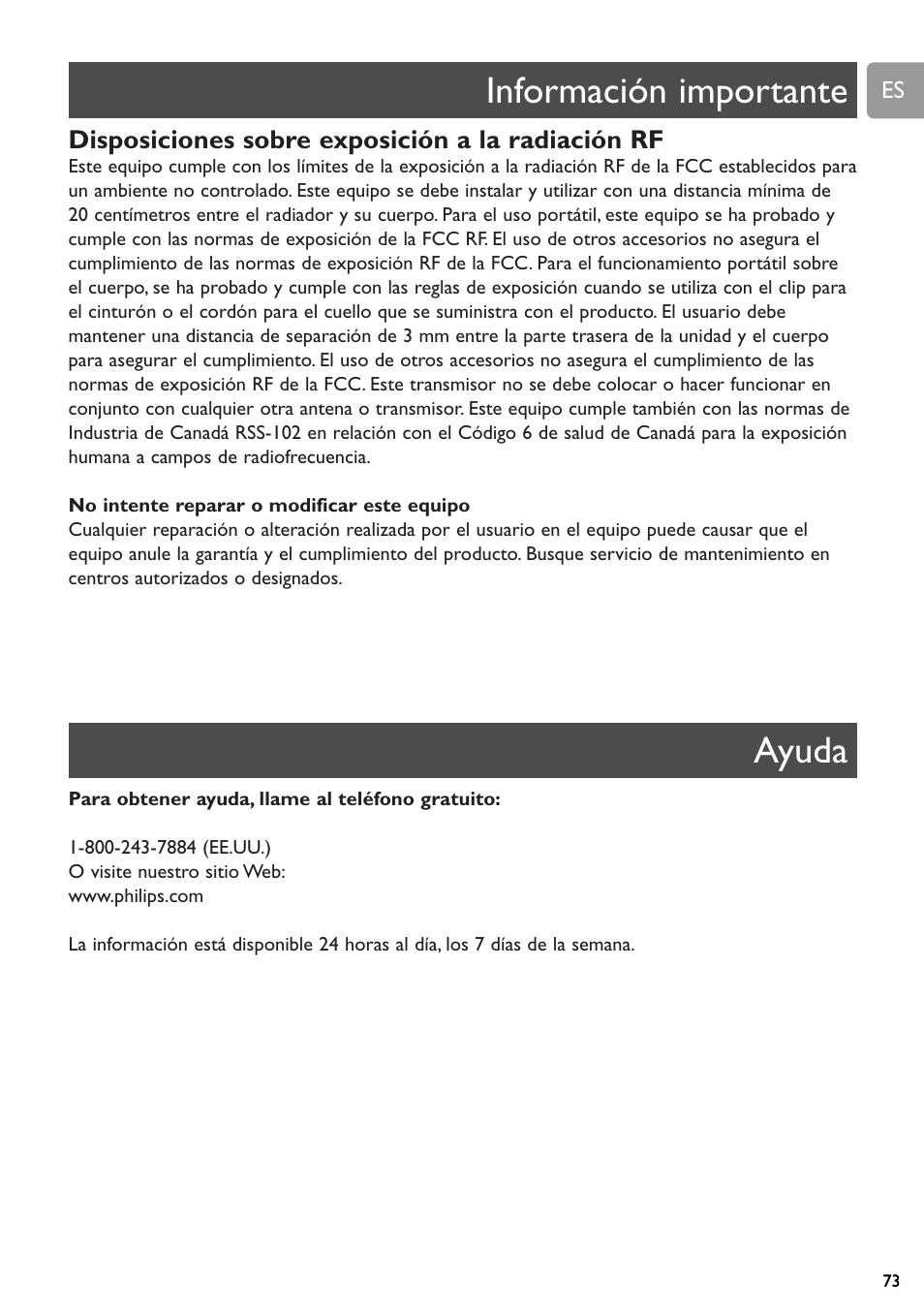 Información importante ayuda | Philips SCD589 User Manual | Page 73 / 76