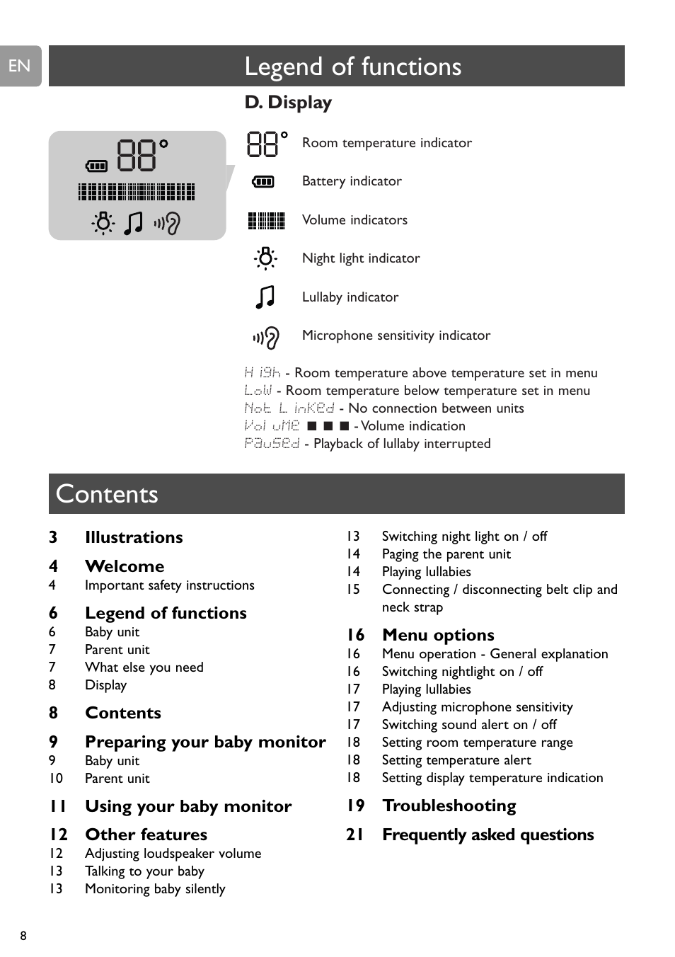 Legend of functions contents, D. display | Philips SCD589 User Manual | Page 8 / 76