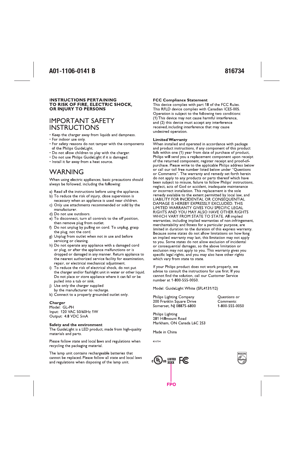 A01-1106-0141 b, Important safety instructions, Warning | Philips Guidelight 691123148 User Manual | Page 2 / 2