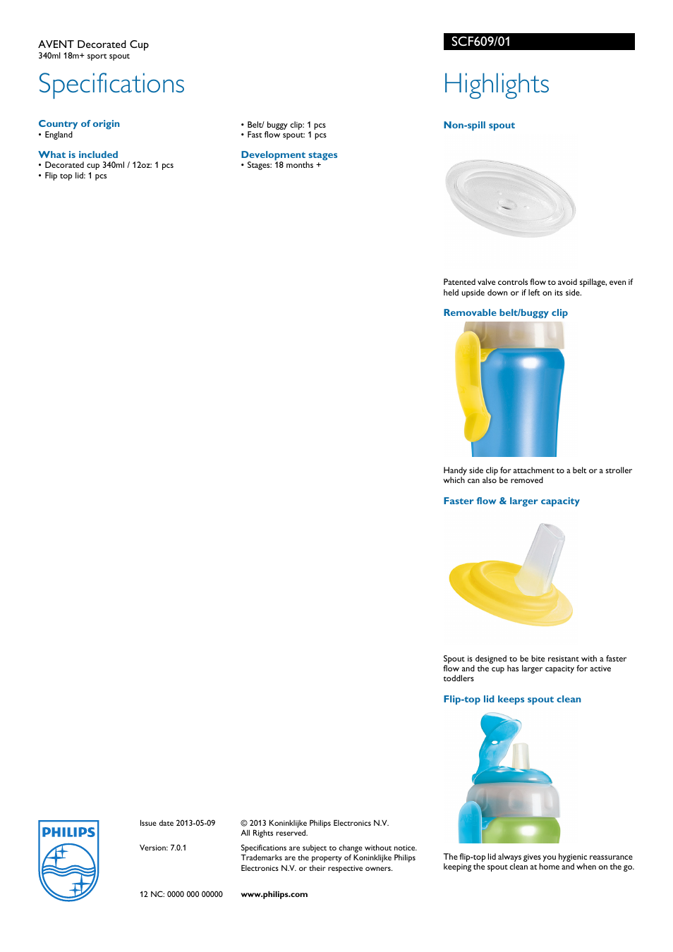 Specifications, Highlights | Philips Avent SCF609/01 User Manual | Page 2 / 2