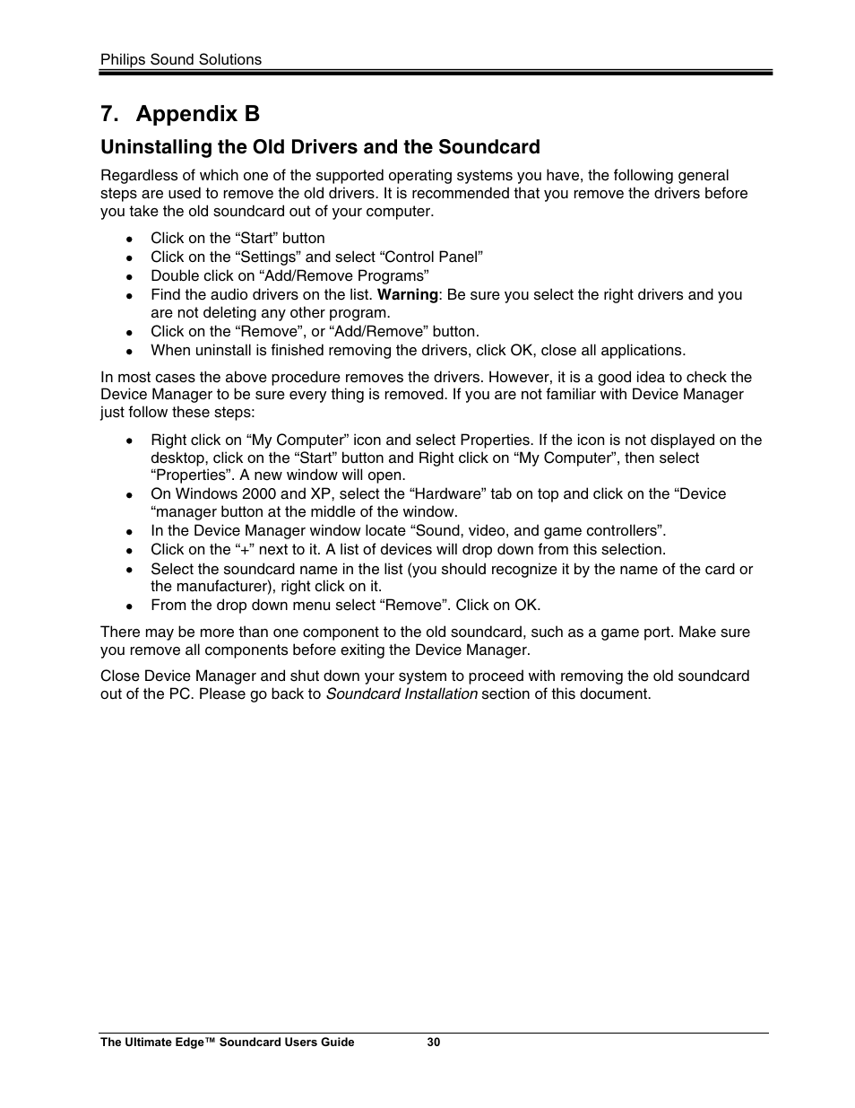 Appendix b, Uninstalling the old drivers and the soundcard | Philips ULTIMATE EDGE 5.1 User Manual | Page 36 / 40