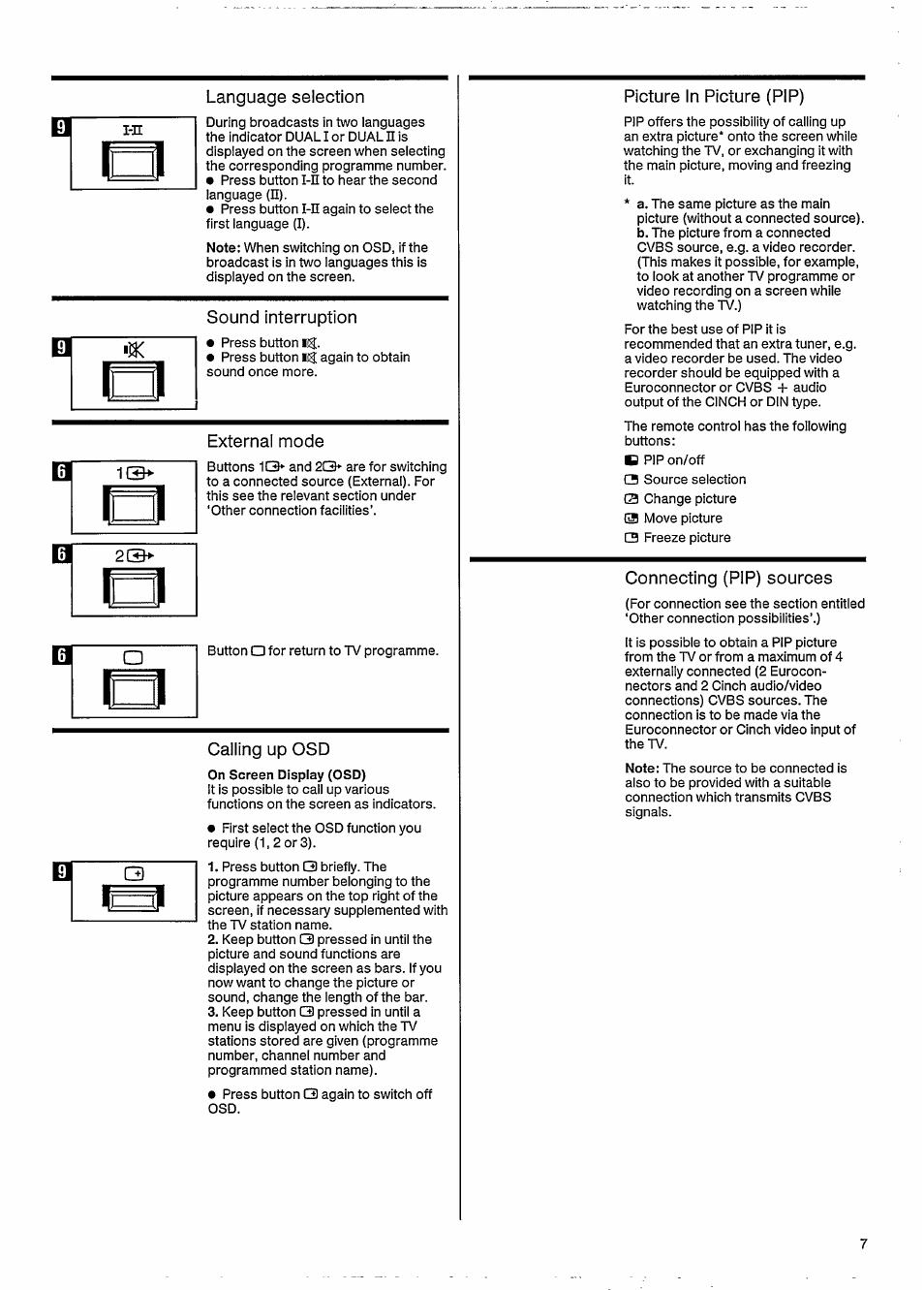 Language selection, Sound interruption, External mode | Calling up osd, Picture in picture (pip), Connecting (pip) sources | Philips MATCHLINE 33CE7536 User Manual | Page 11 / 23