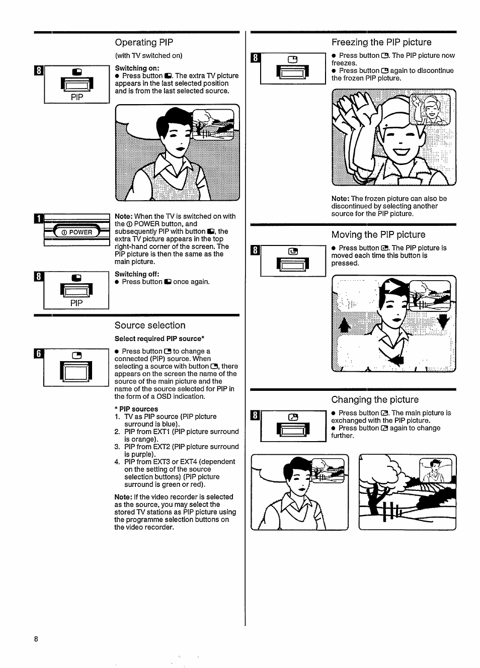 Operating pip, Source selection, Freezing the pip picture | Moving the pip picture, Changing the picture | Philips MATCHLINE 33CE7536 User Manual | Page 12 / 23